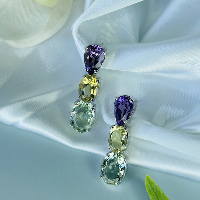 Earrings - Amethyst, Citrine, & Prasiolite Trio