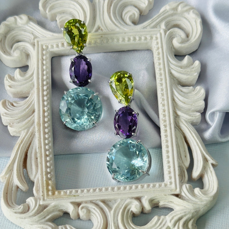 Earrings - Peridot, Amethyst & Aquamarine Trio