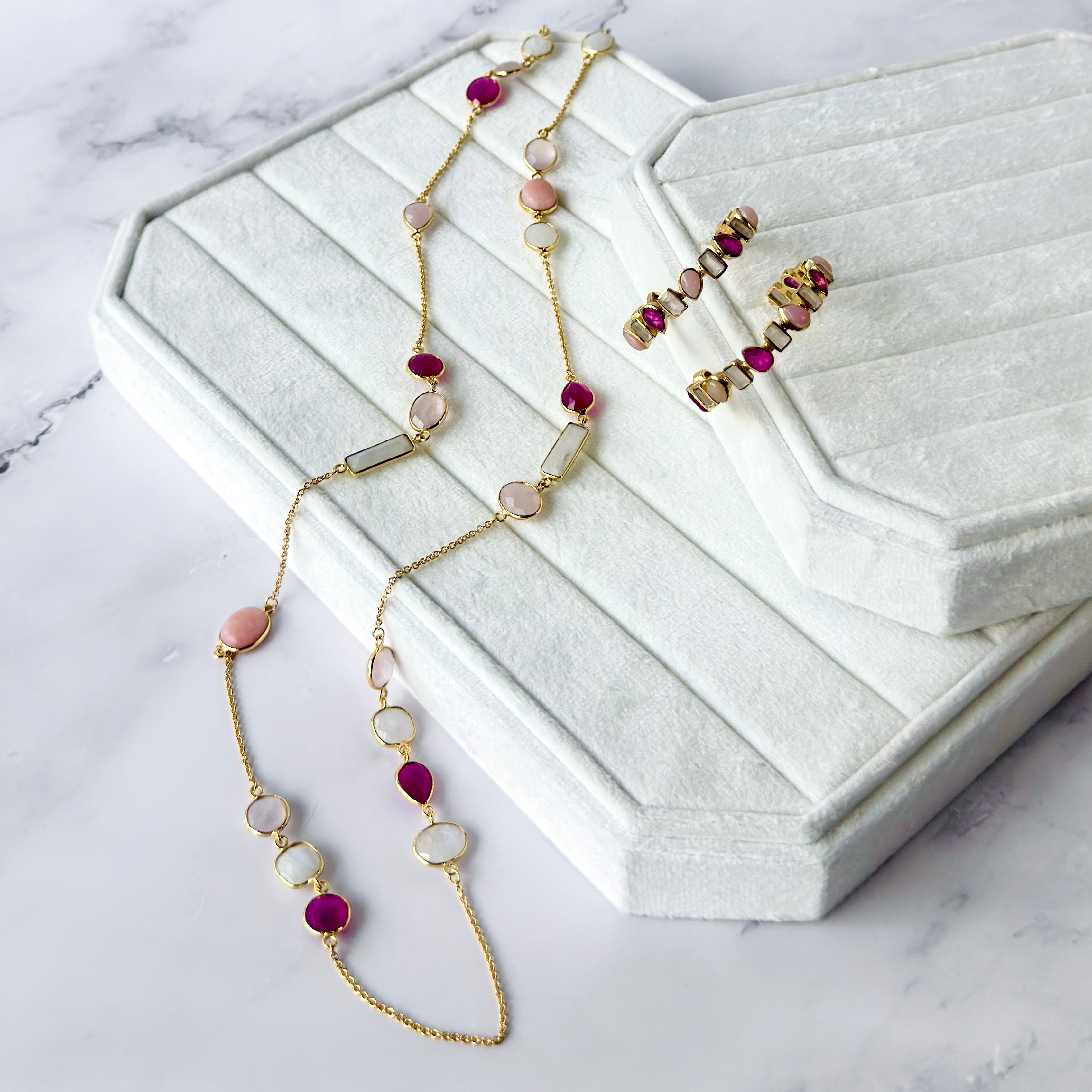 Necklace in Ruby, Pink Opal & Rainbow Moonstone