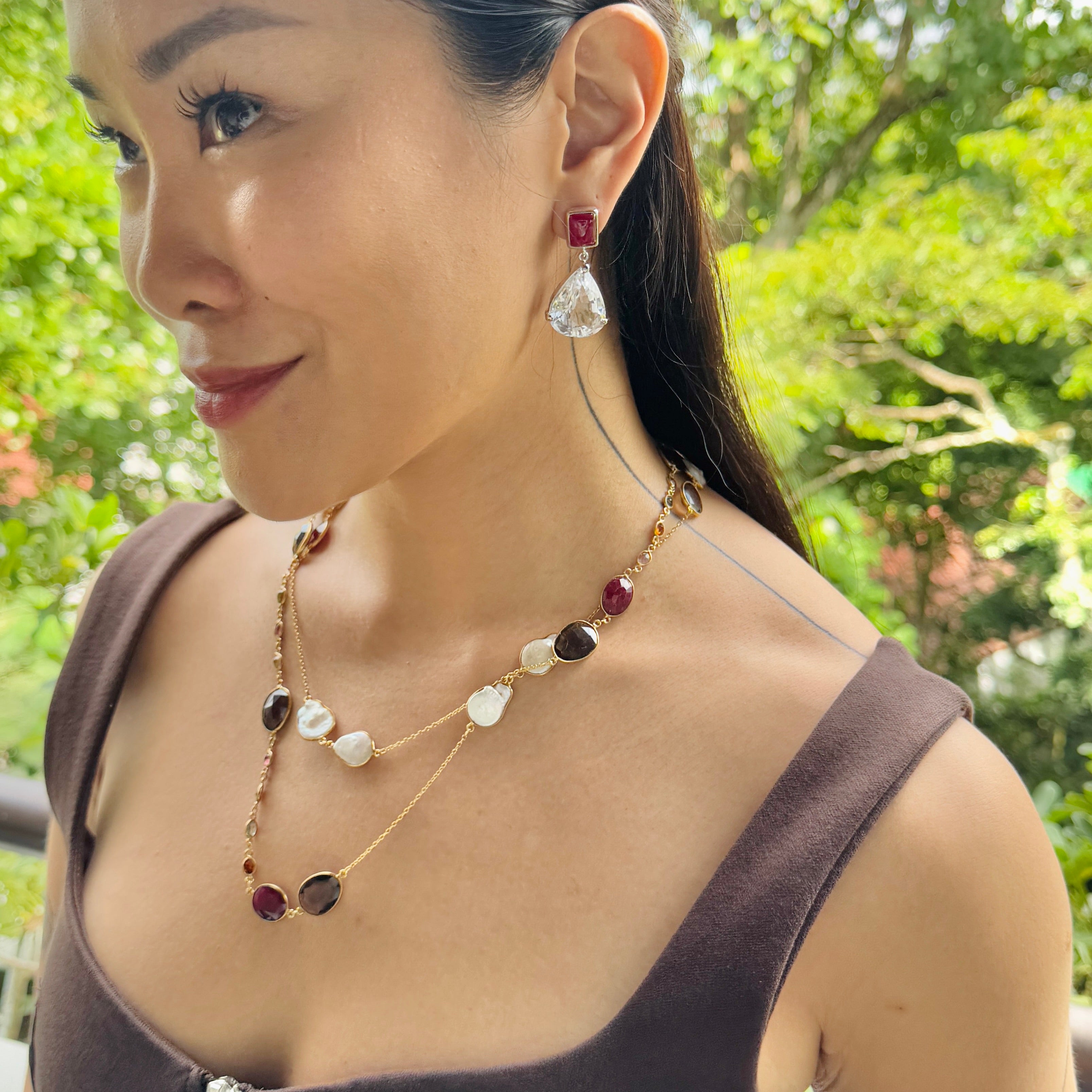 Necklace in Tourmaline, Ruby, Pearl & Smoky Quartz in Pearl, gold plated, handcrafted gemstone necklace Singapore