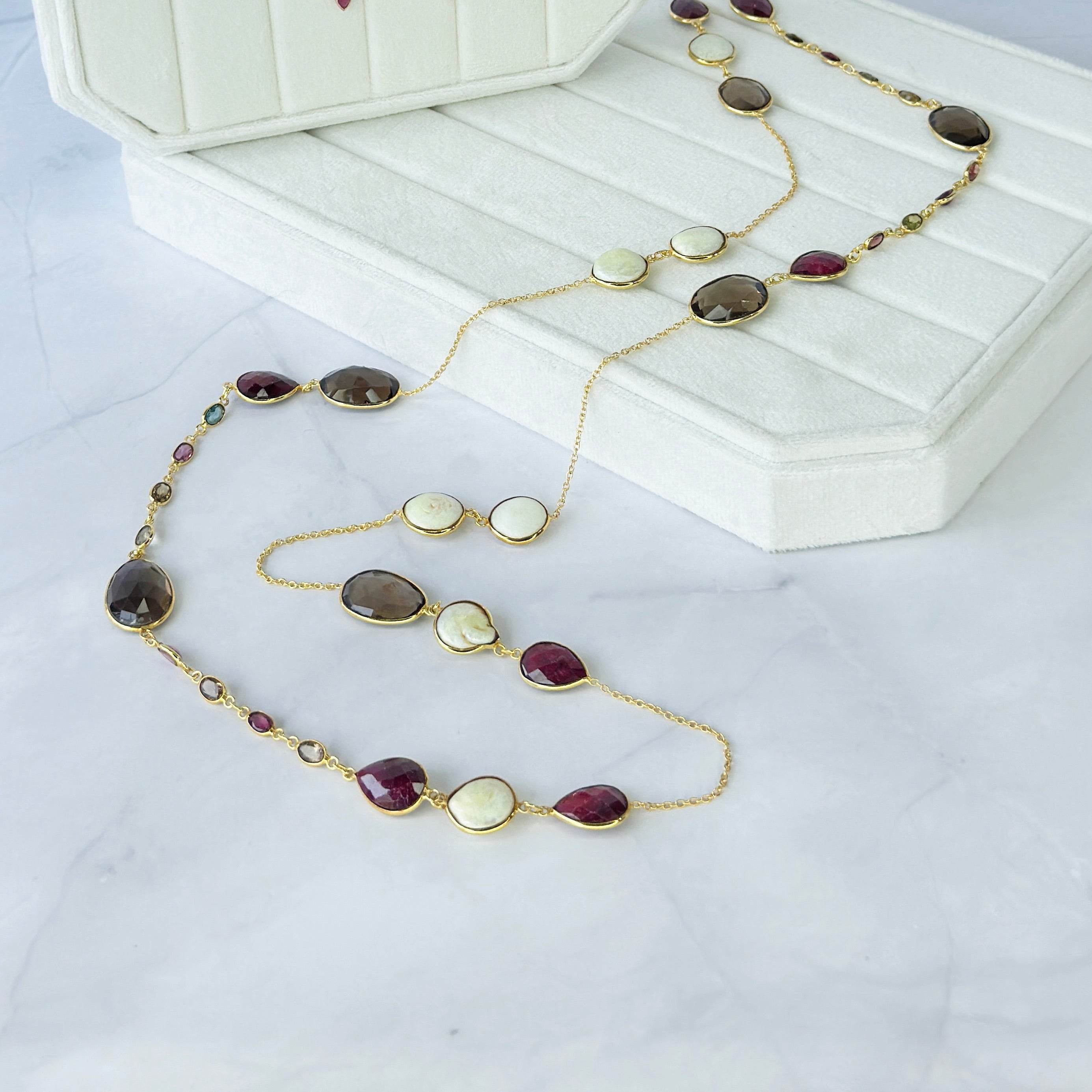 Tourmaline, Ruby, Pearl & Smoky Quartz Necklace