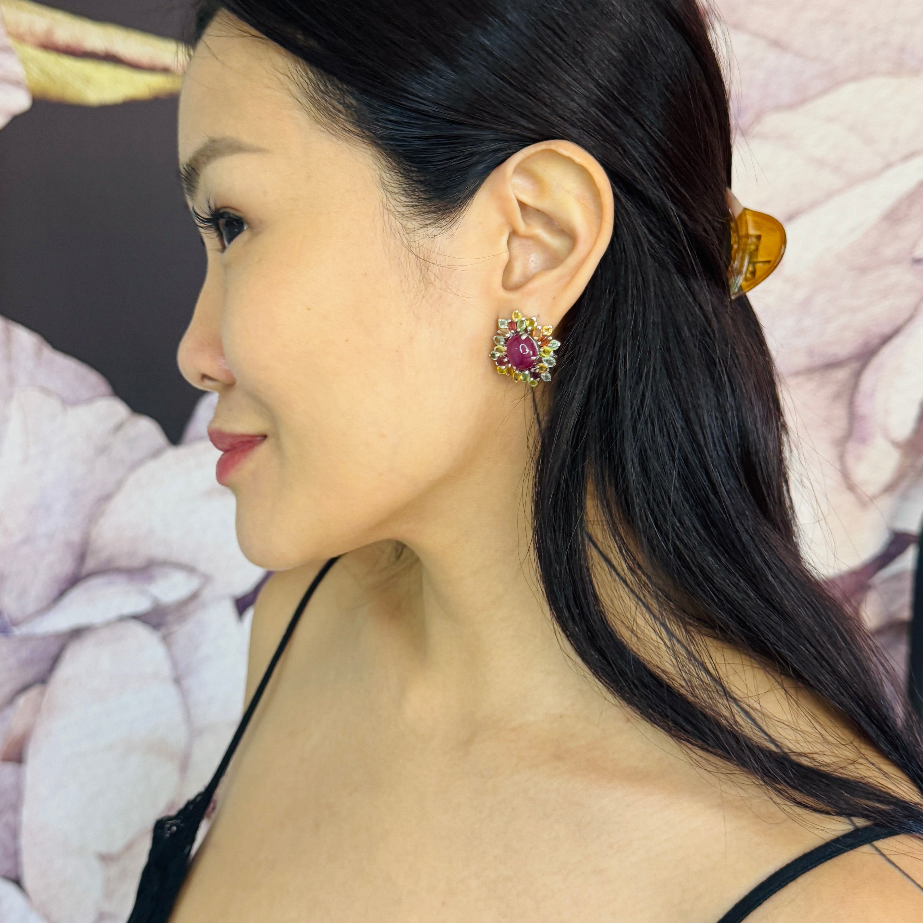 Ruby & Multi Sapphires in Ruby, gold plated, handcrafted gemstone earrings Singapore