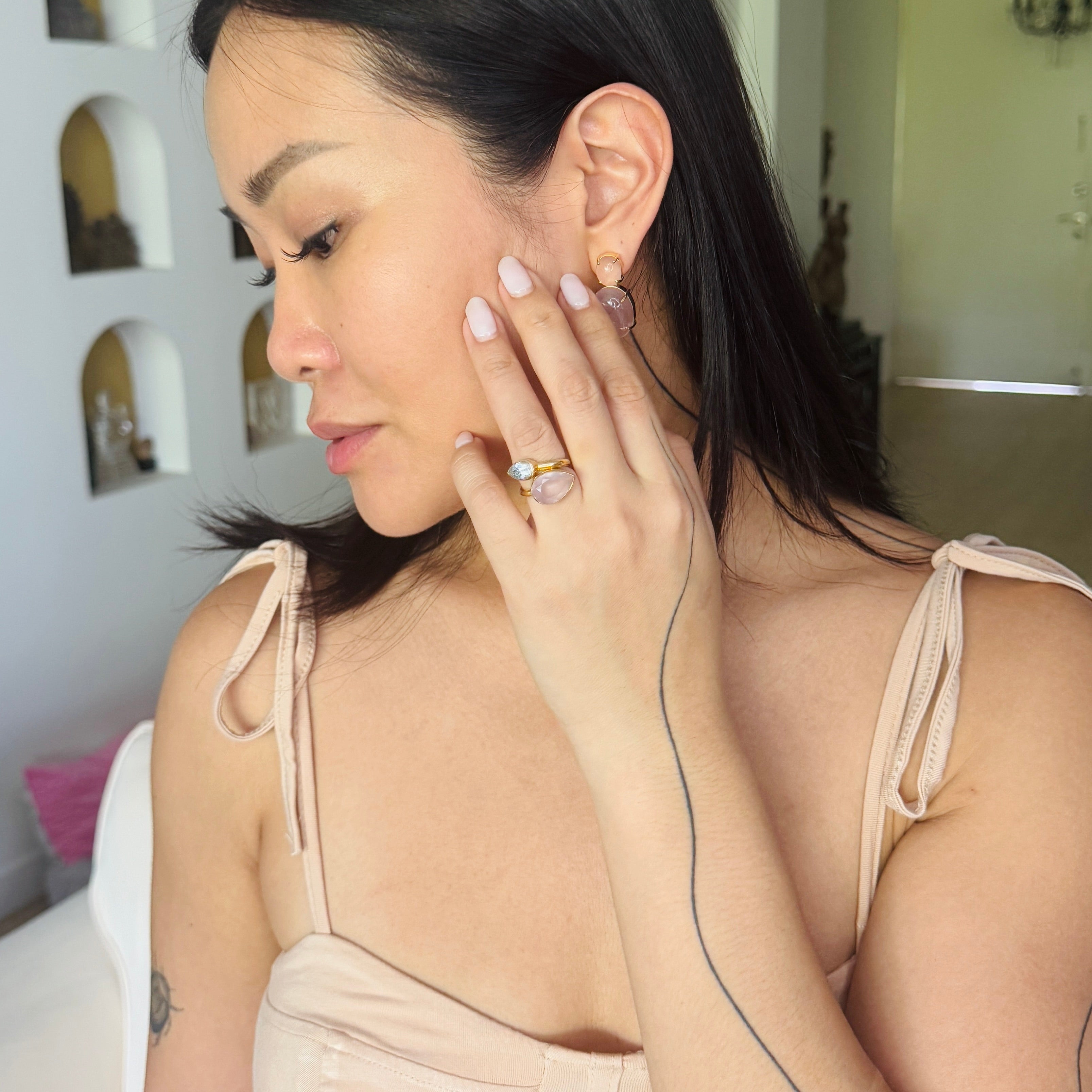 Twist Ring in Rose Quartz & Blue Topaz