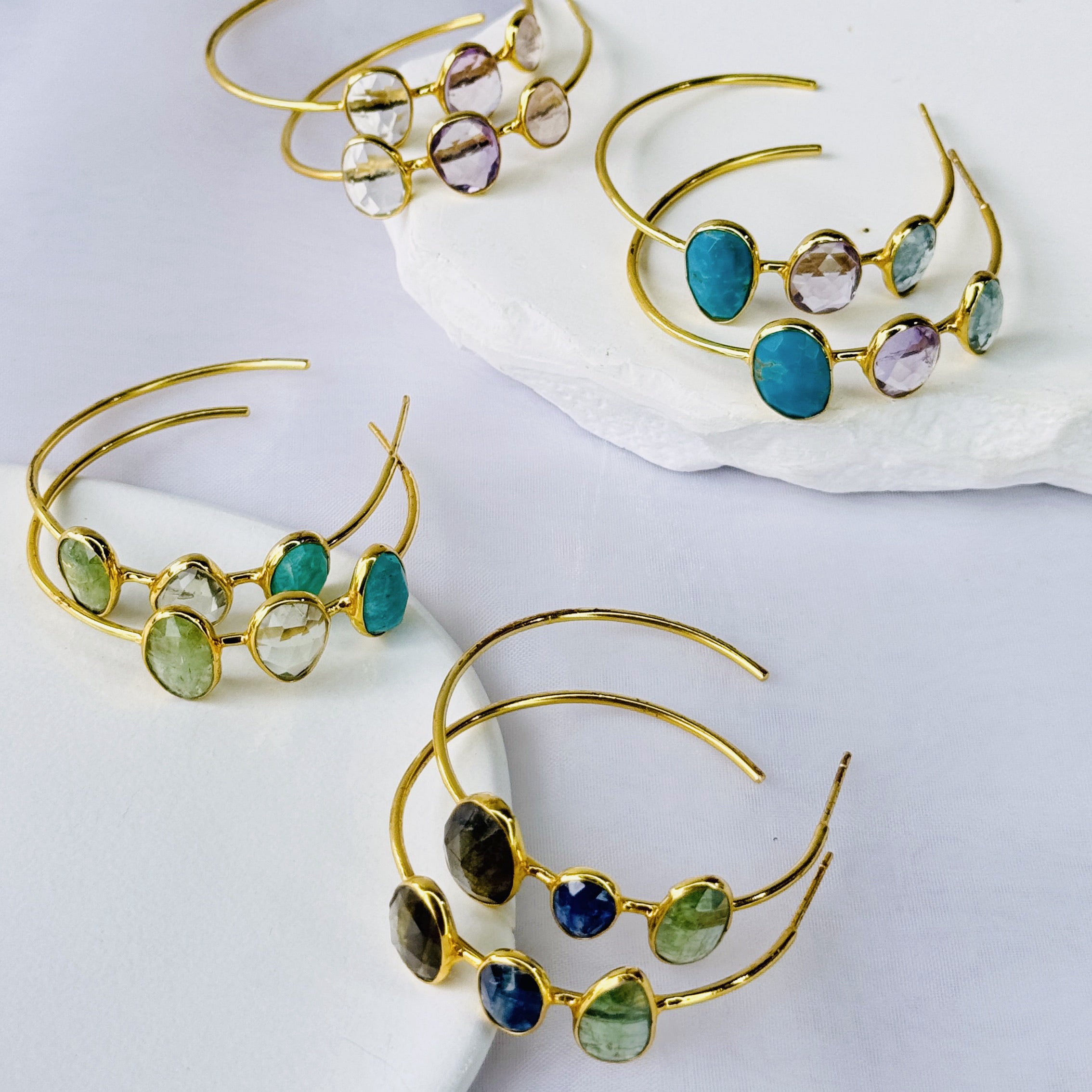 Gemstone Hoops in Aquamarine, Amethyst & Turquoise