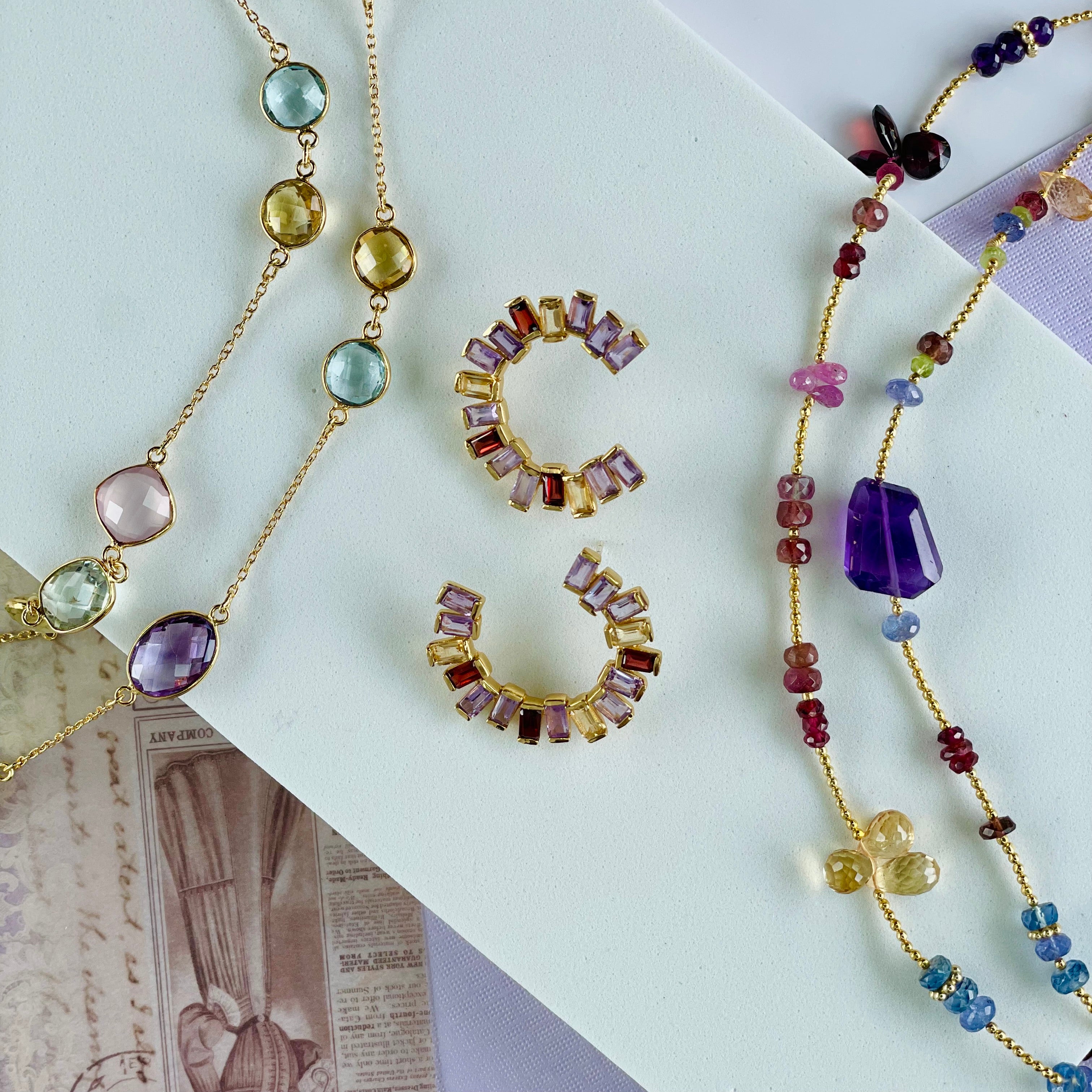 Open Gemstone Hoops in Amethyst, Citrine & Garnet in Amethyst, gold plated, handcrafted gemstone earrings Singapore