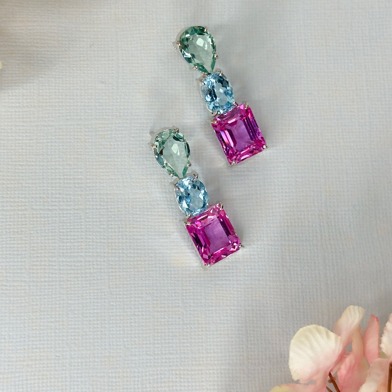 Earrings - Prasiolite, Blue Topaz & Pink Topaz