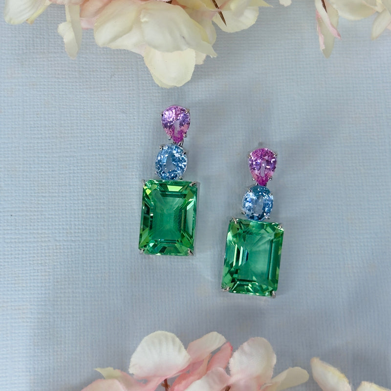 Earrings - Pink Topaz, Blue Topaz, & Green Quartz Trio