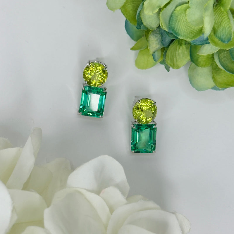 Earrings - Peridot Quartz & Green Quartz Double Drops
