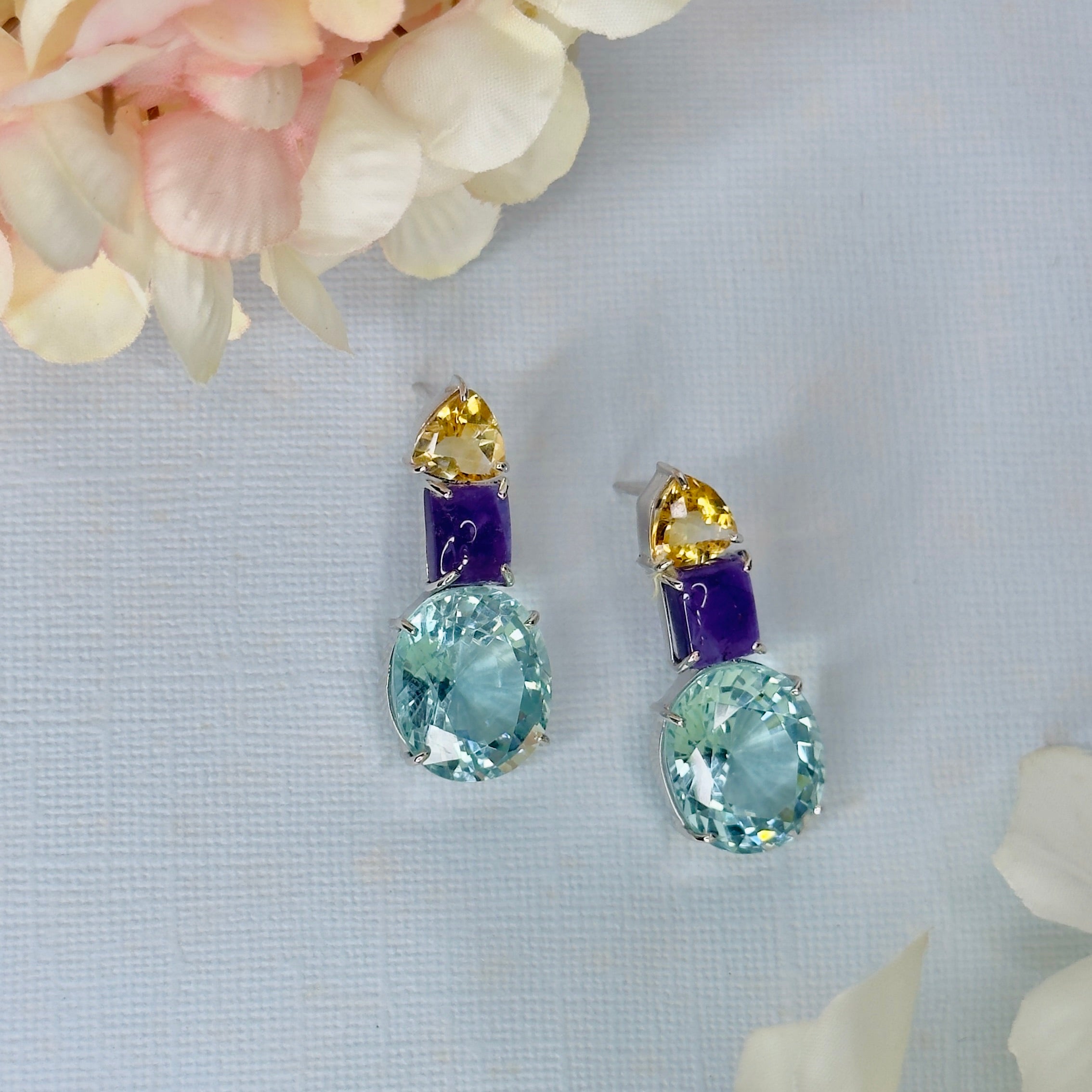 Citrine, Amethyst & Aquamarine Trio in Amethyst, gold plated, handcrafted gemstone earrings Singapore