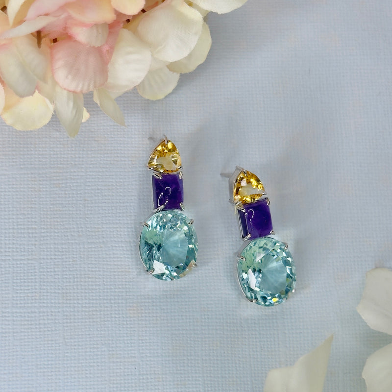 Earrings - Citrine, Amethyst & Aquamarine Trio
