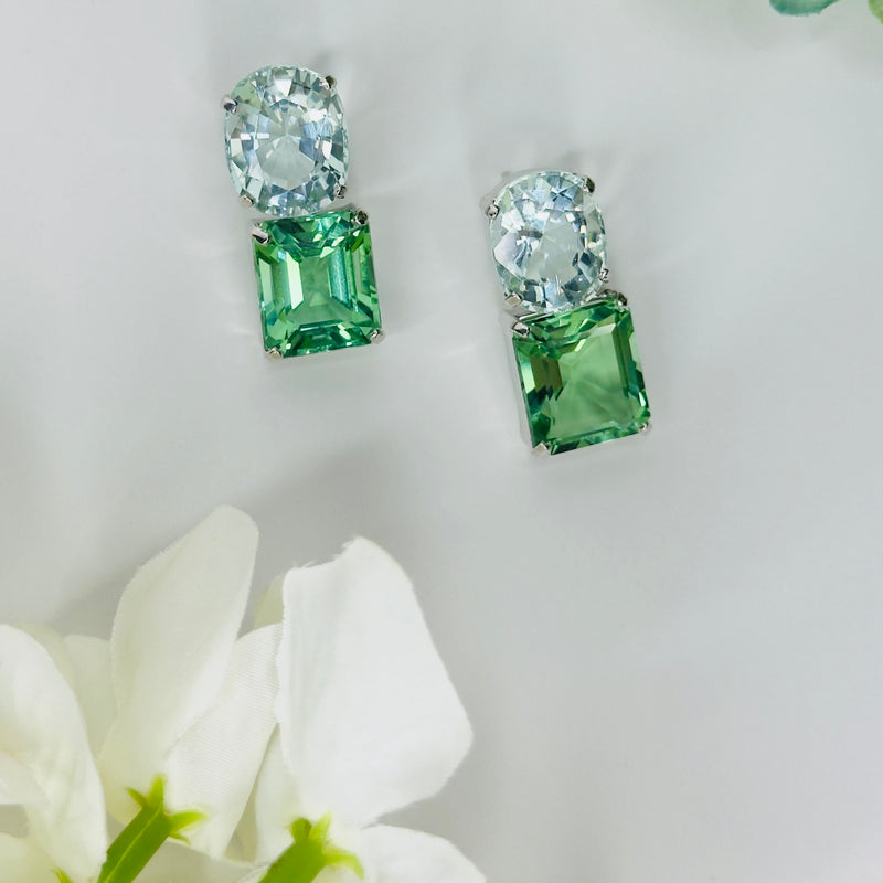 Earrings - Blue Topaz & Green Quartz Double Drops