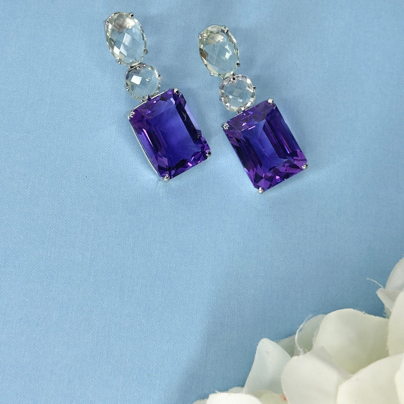 Earrings - Prasiolite, Clear Crystal Quartz & Amethyst Trio