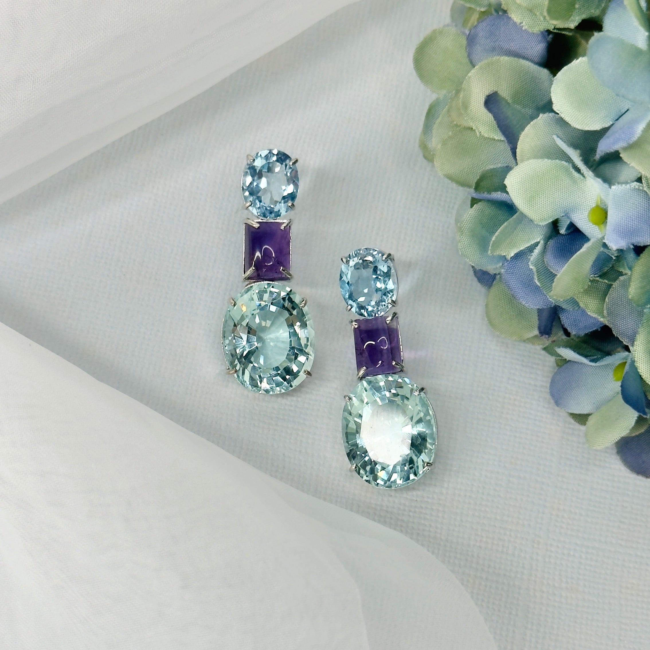 Blue Topaz, Amethyst, & Aquamarine Trio in Aquamarine, gold plated, handcrafted gemstone earrings Singapore