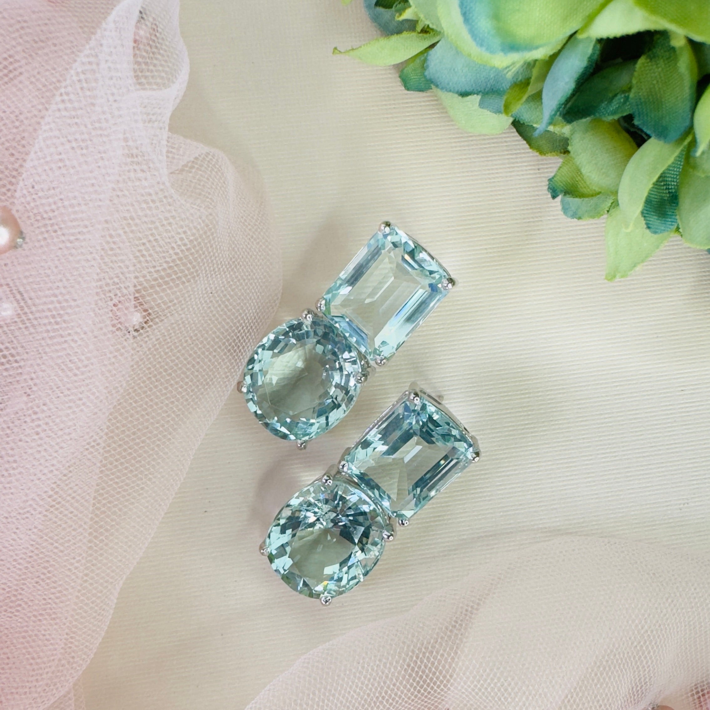 Aquamarine Duo in Aquamarine, gold plated, handcrafted gemstone earrings Singapore