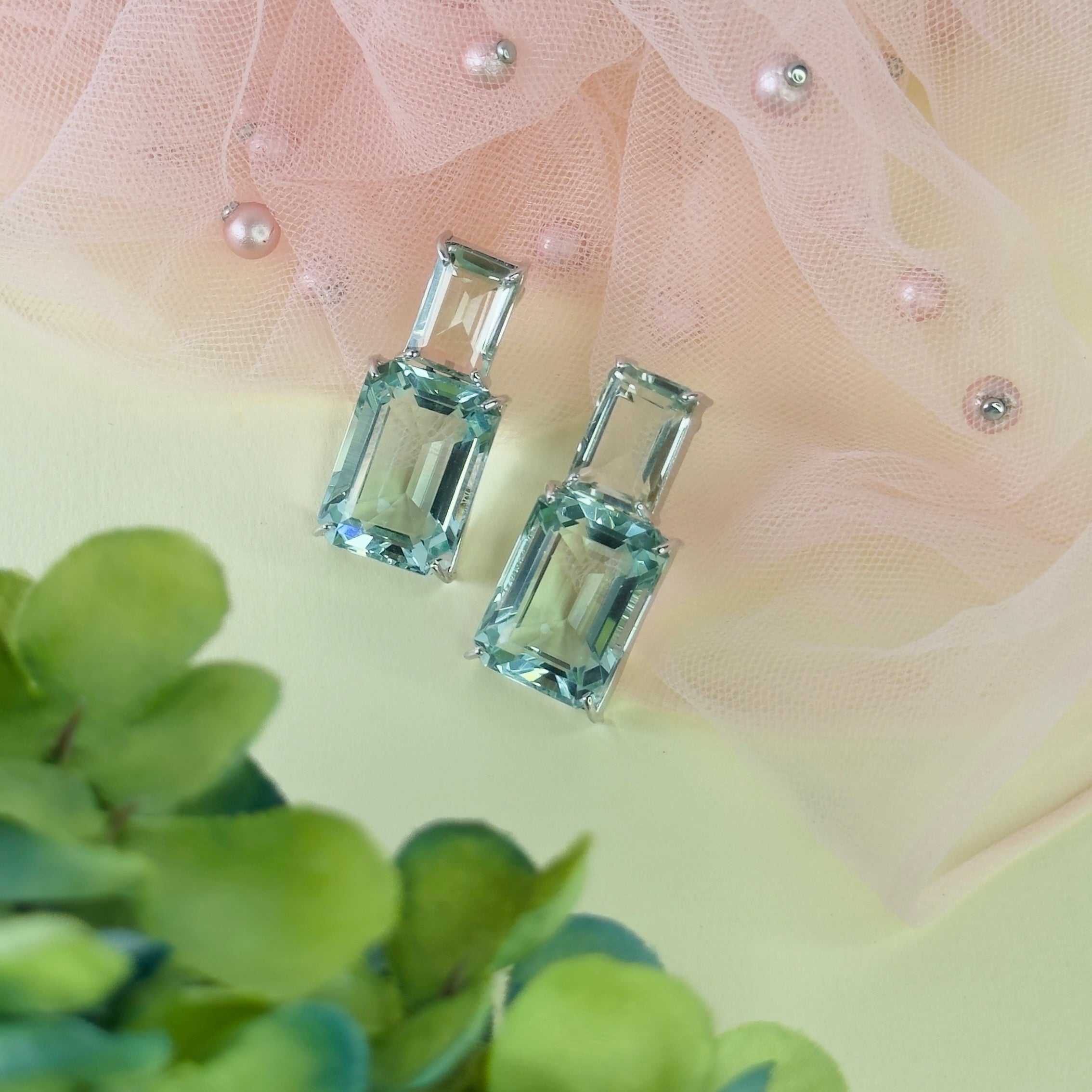 Prasiolite & Aquamarine Duo in Prasiolite, gold plated, handcrafted gemstone earrings Singapore