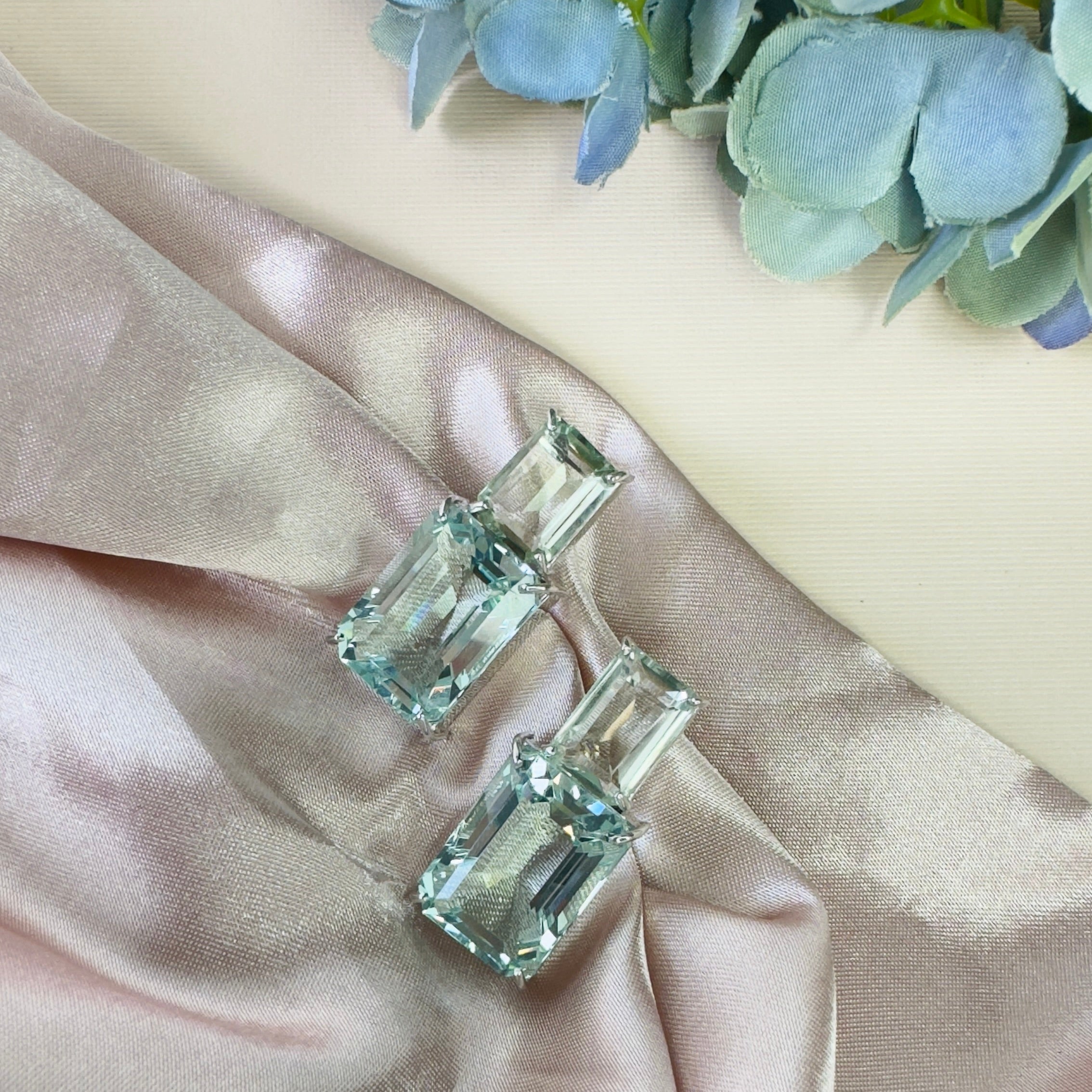 Prasiolite & Aquamarine Duo in Prasiolite, gold plated, handcrafted gemstone earrings Singapore