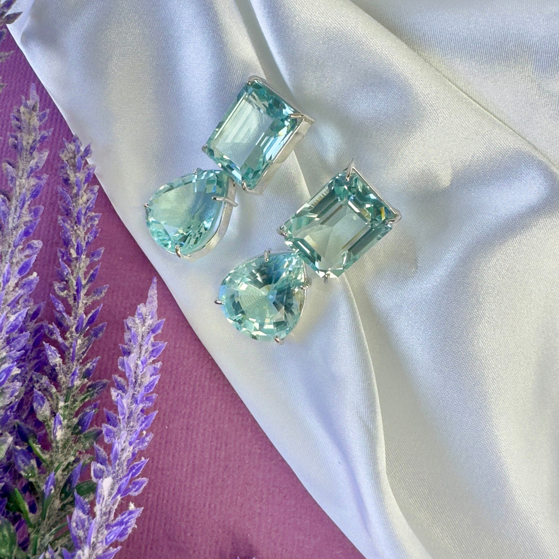 Aquamarine Duo in Aquamarine, gold plated, handcrafted gemstone earrings Singapore