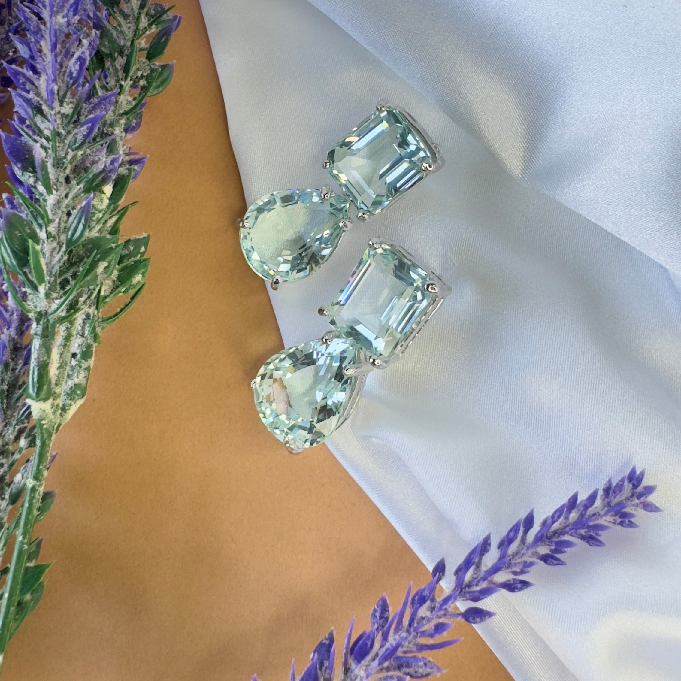 Aquamarine Duo in Aquamarine, gold plated, handcrafted gemstone earrings Singapore