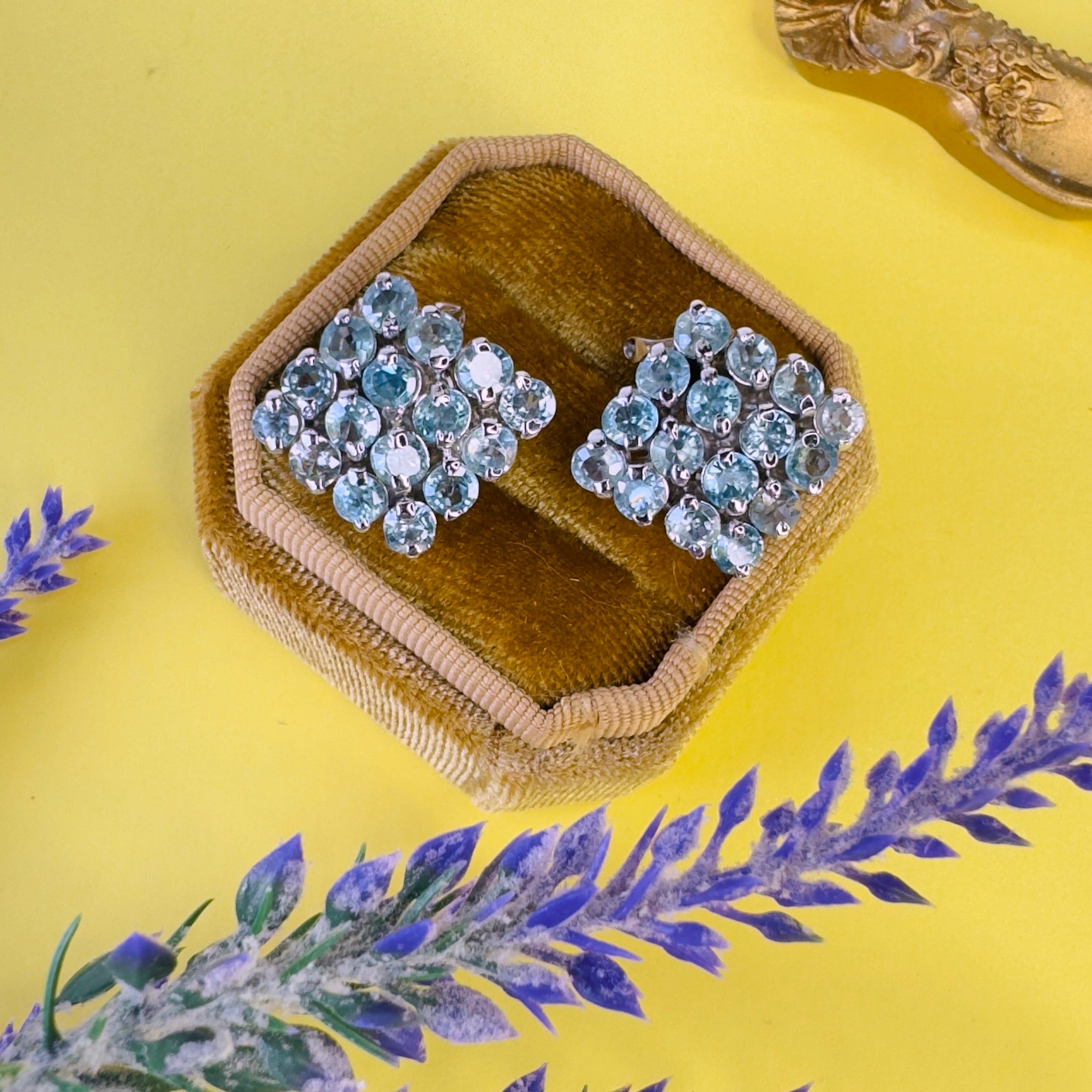 Blue Topaz Diamond Cluster in Blue Topaz, gold plated, handcrafted gemstone earrings Singapore