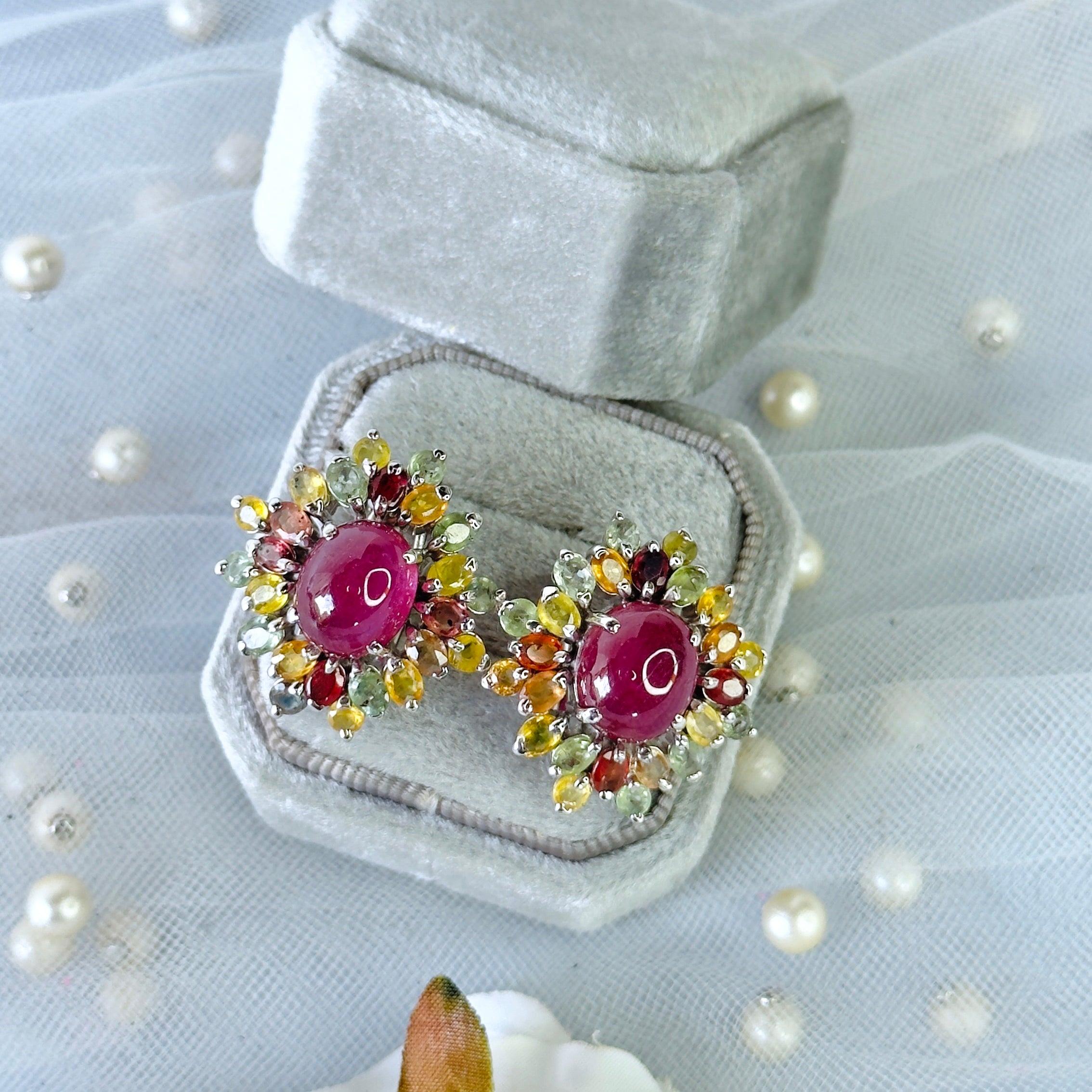 Ruby & Multi Sapphires in Ruby, gold plated, handcrafted gemstone earrings Singapore