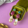 Earrings - Green Onyx, Ruby & Baroque Pearl Trio