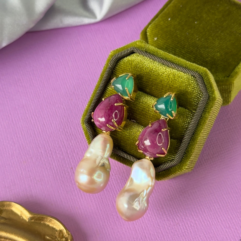 Earrings - Green Onyx, Ruby & Baroque Pearl Trio