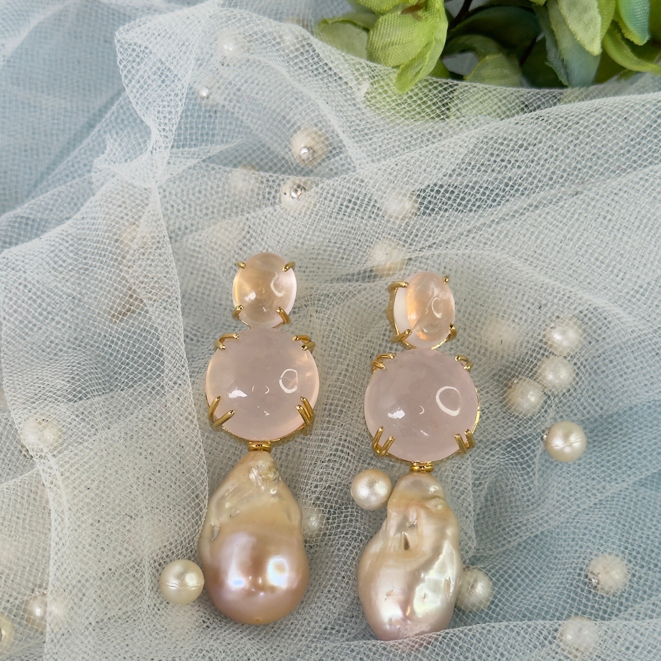 Rose Quartz & Baroque Pearl Trio in Rose Quartz, gold plated, handcrafted gemstone earrings Singapore
