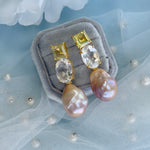 Earrings - Lemon Quartz, Clear Crystal Quartz & Baroque Pearl Trio