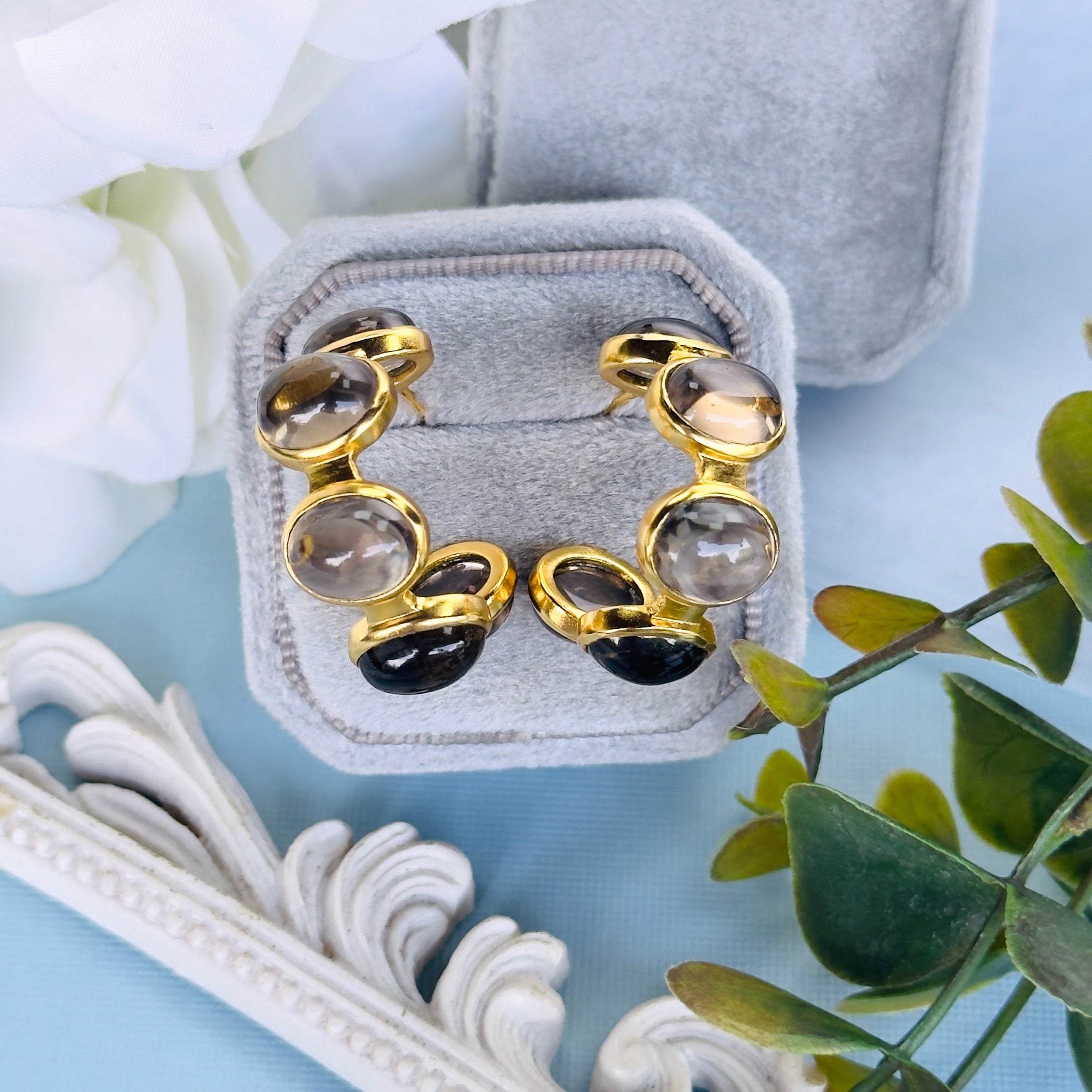 Bubble Hoop in Smoky Quartz in Smoky Quartz, gold plated, handcrafted gemstone earrings Singapore