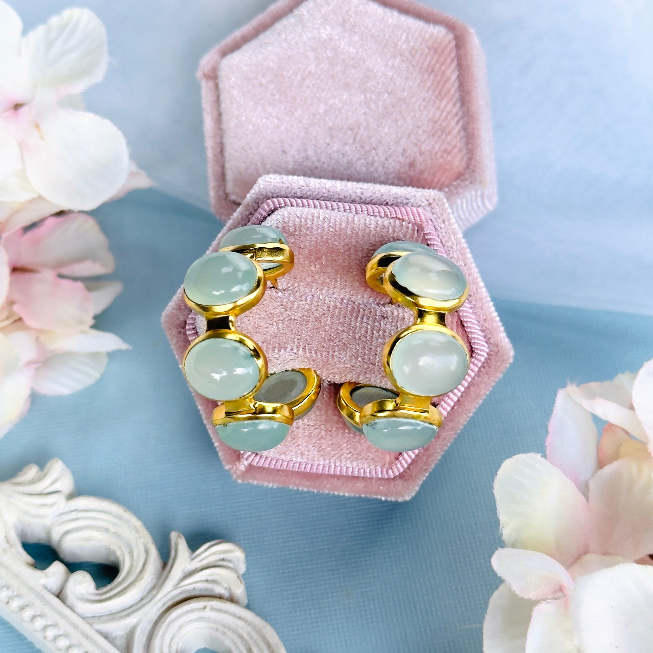 Bubble Hoop in Aqua Chalcedony in Aqua Chalcedony, gold plated, handcrafted gemstone earrings Singapore