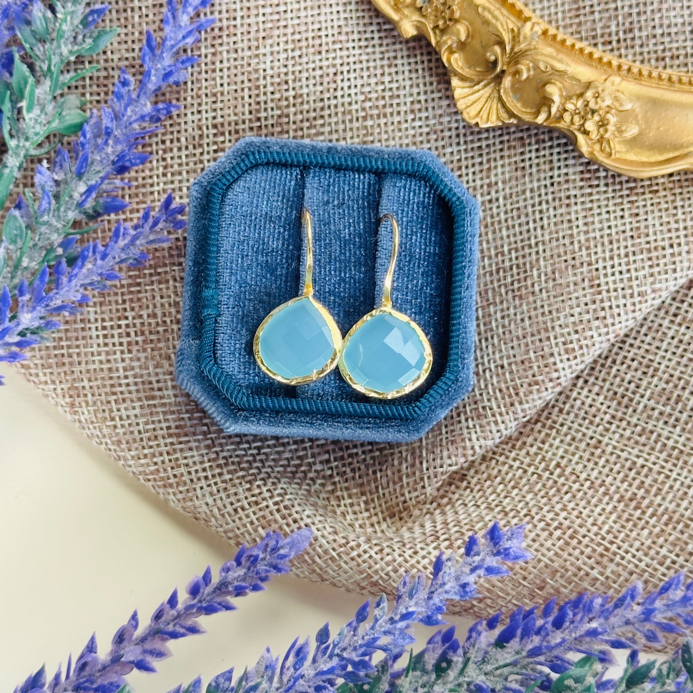 Teardrop Earrings in Aqua Chalcedony in Aqua Chalcedony, gold plated, handcrafted gemstone earrings Singapore
