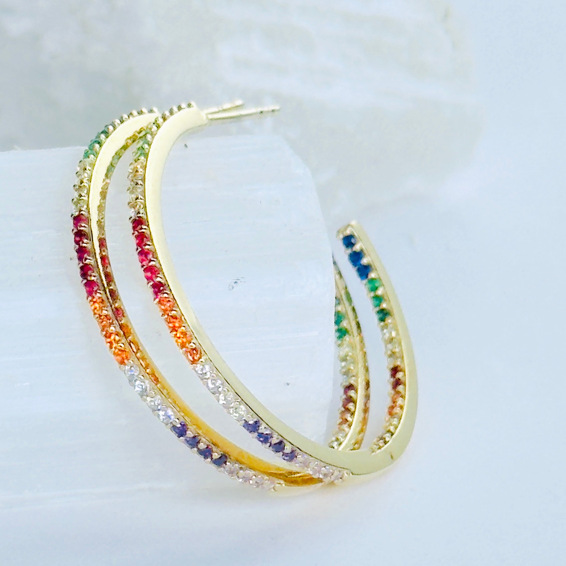 Rainbow Crystal Hoop Earrings, gold plated, handcrafted gemstone earrings Singapore
