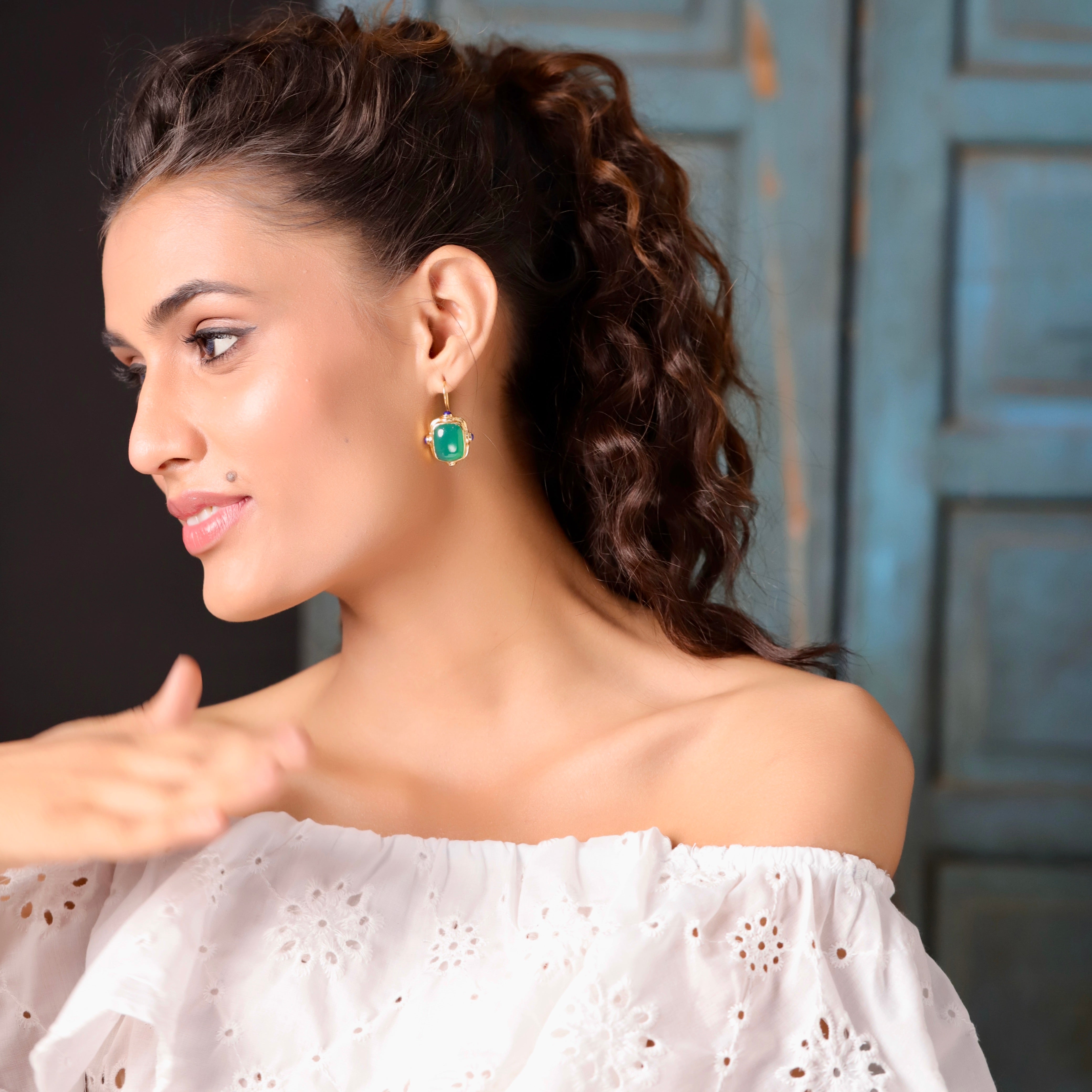 Cardinal Earrings in Green Onyx, gold plated, handcrafted gemstone earrings Singapore