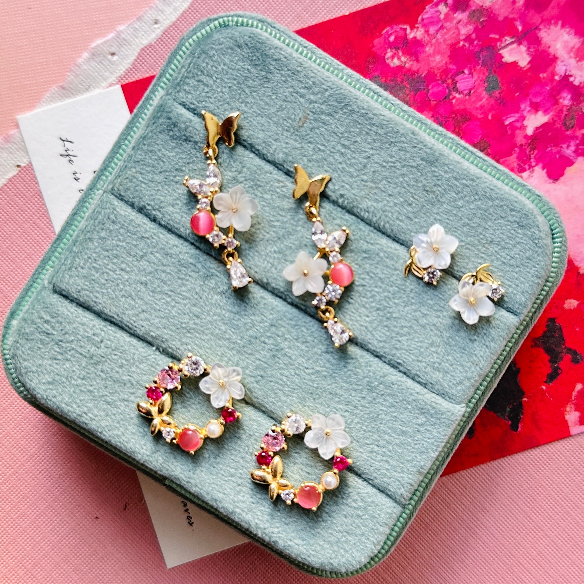 Les Jardin Posy Drop Earrings in Nacre and Pink Gems in Nacre, gold plated, handcrafted gemstone earrings Singapore
