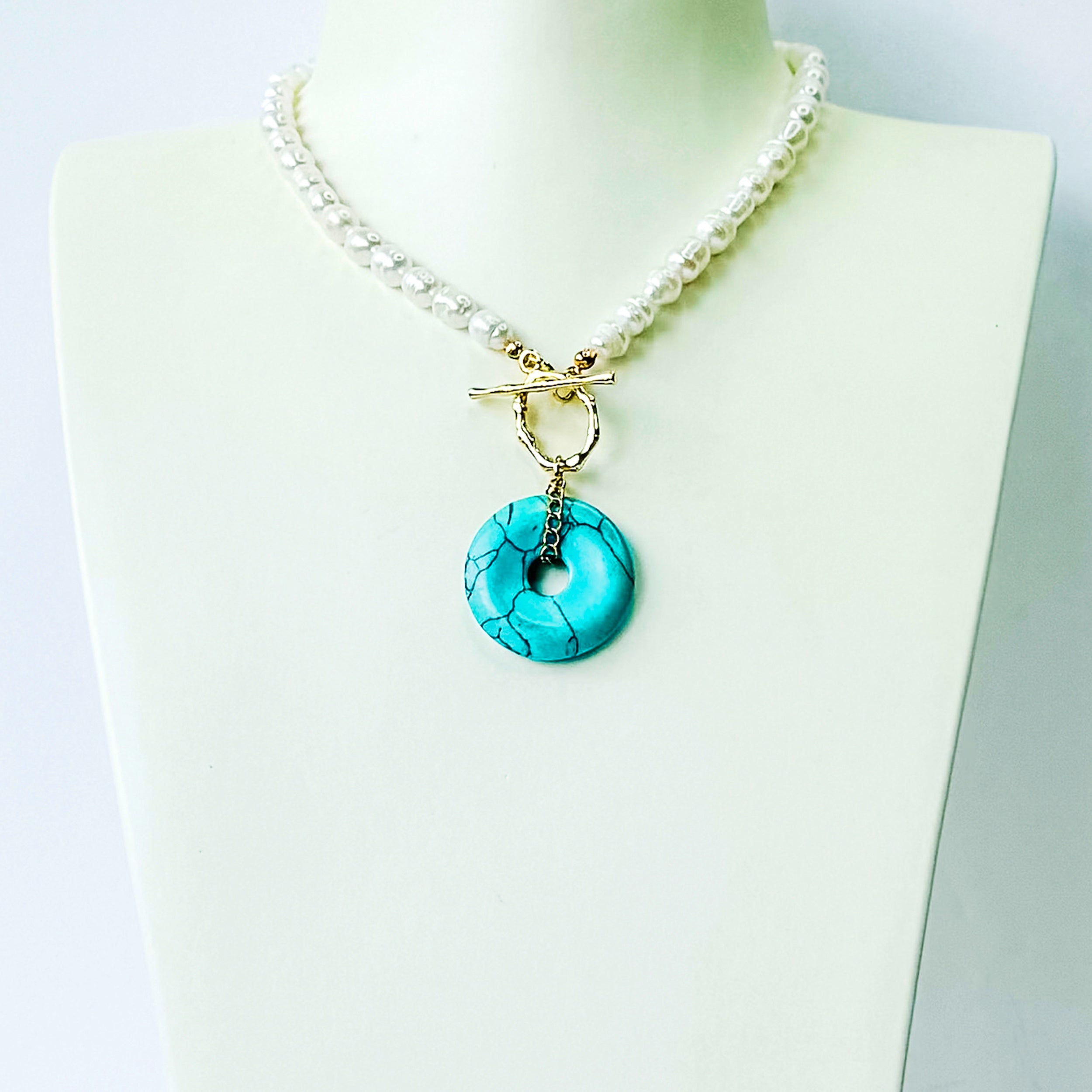 Modern Ming Pearl Necklace with Turquoise Pi Disc in Turquoise, gold plated, handcrafted gemstone necklace Singapore
