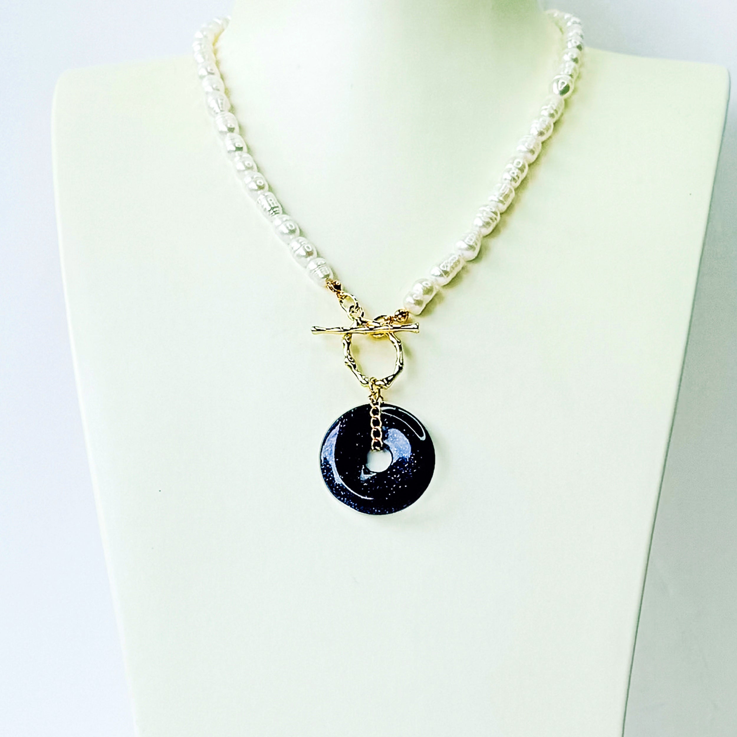 Modern Ming Pearl Necklace with Black Agate Pi Disc in Black Agate, gold plated, handcrafted gemstone necklace Singapore