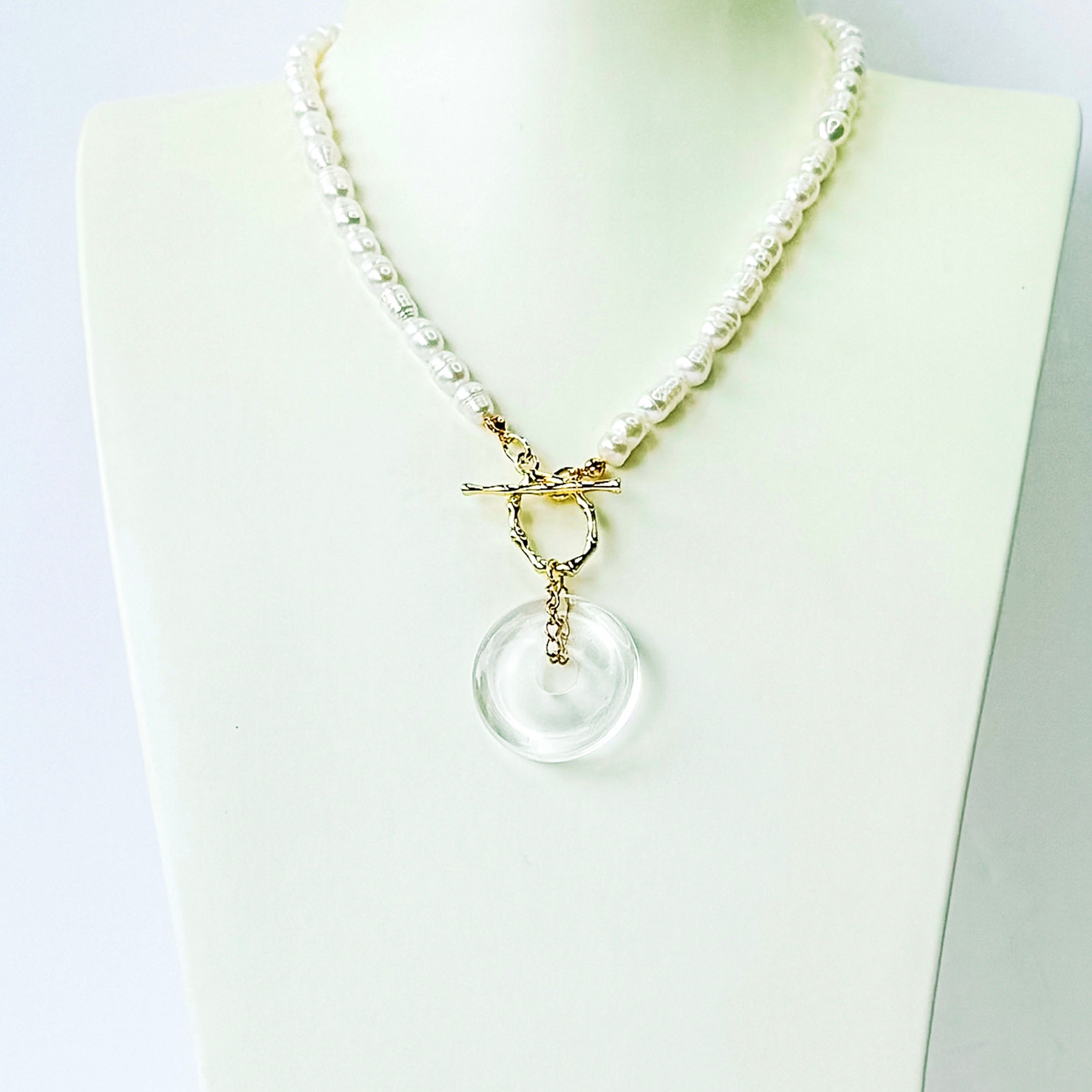 Modern Ming Pearl Necklace with Rock Crystal Pi Disc in Pearl, gold plated, handcrafted gemstone necklace Singapore