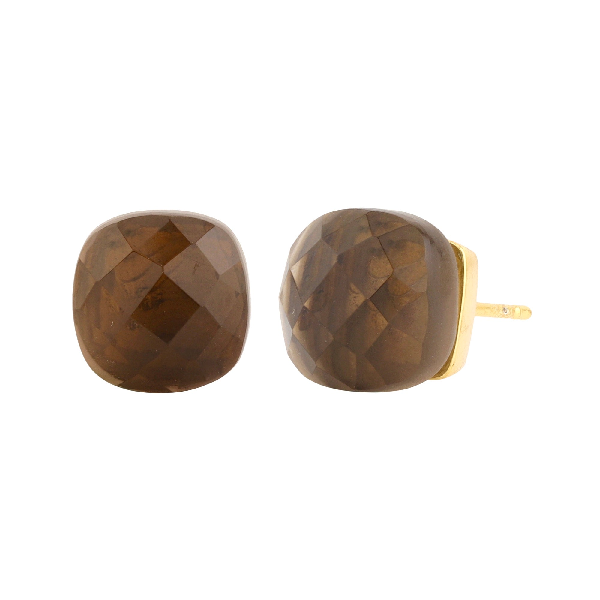 Smoky Quartz Naked Stud Earrings in Smoky Quartz, gold plated, handcrafted gemstone earrings Singapore