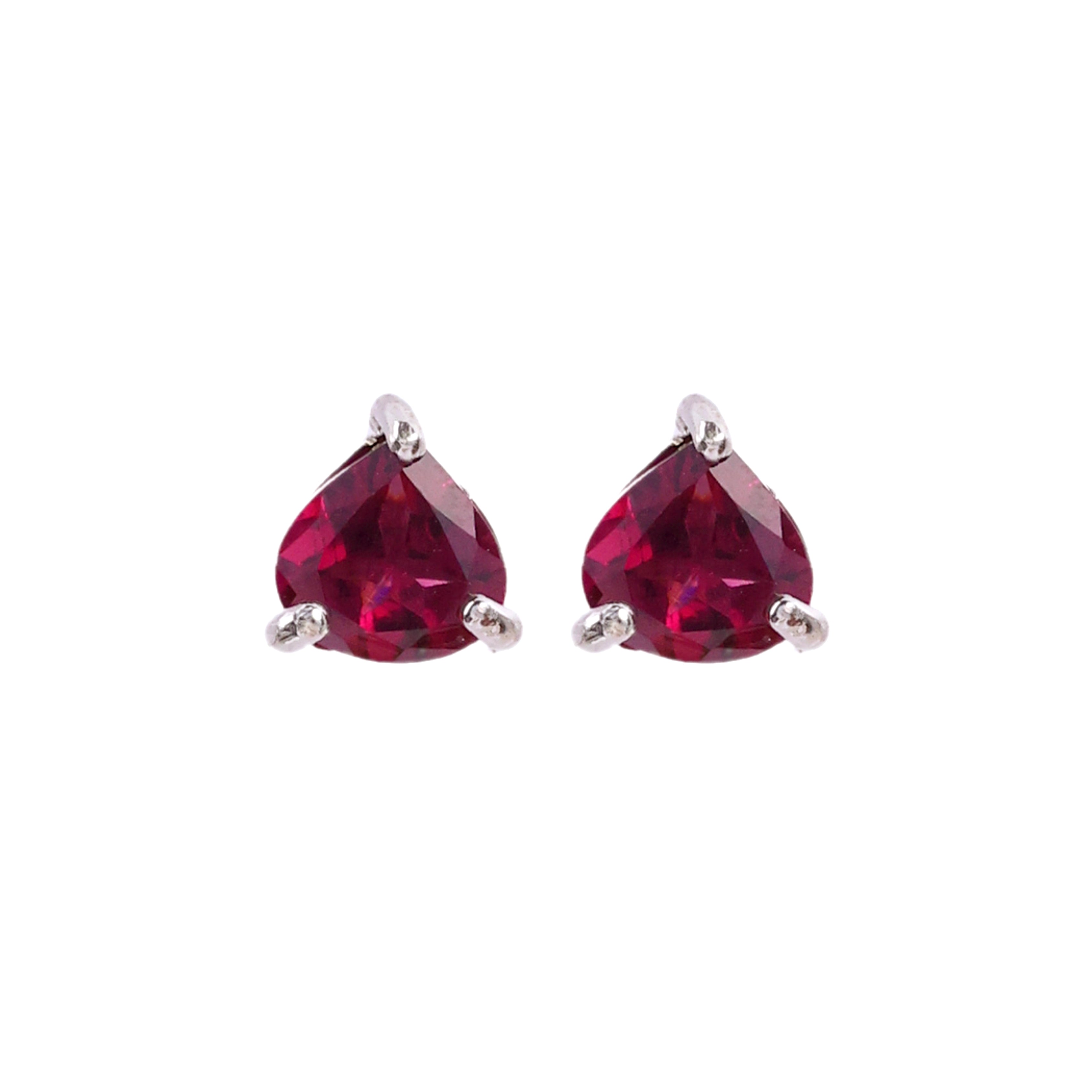 Dark red triangular gemstone stud earrings in silver setting