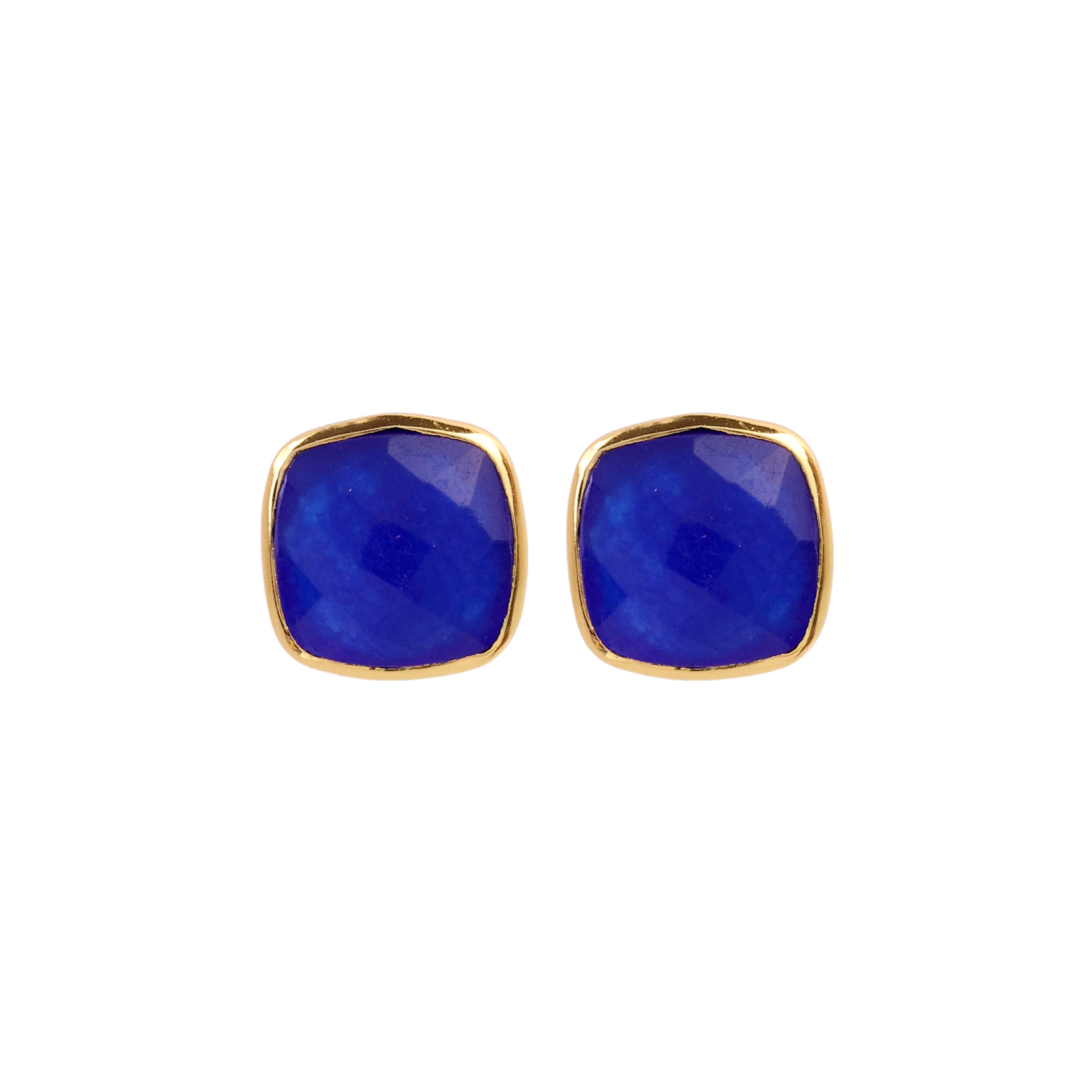 Square blue gemstone stud earrings in gold bezel – ShopLustre fine jewellery