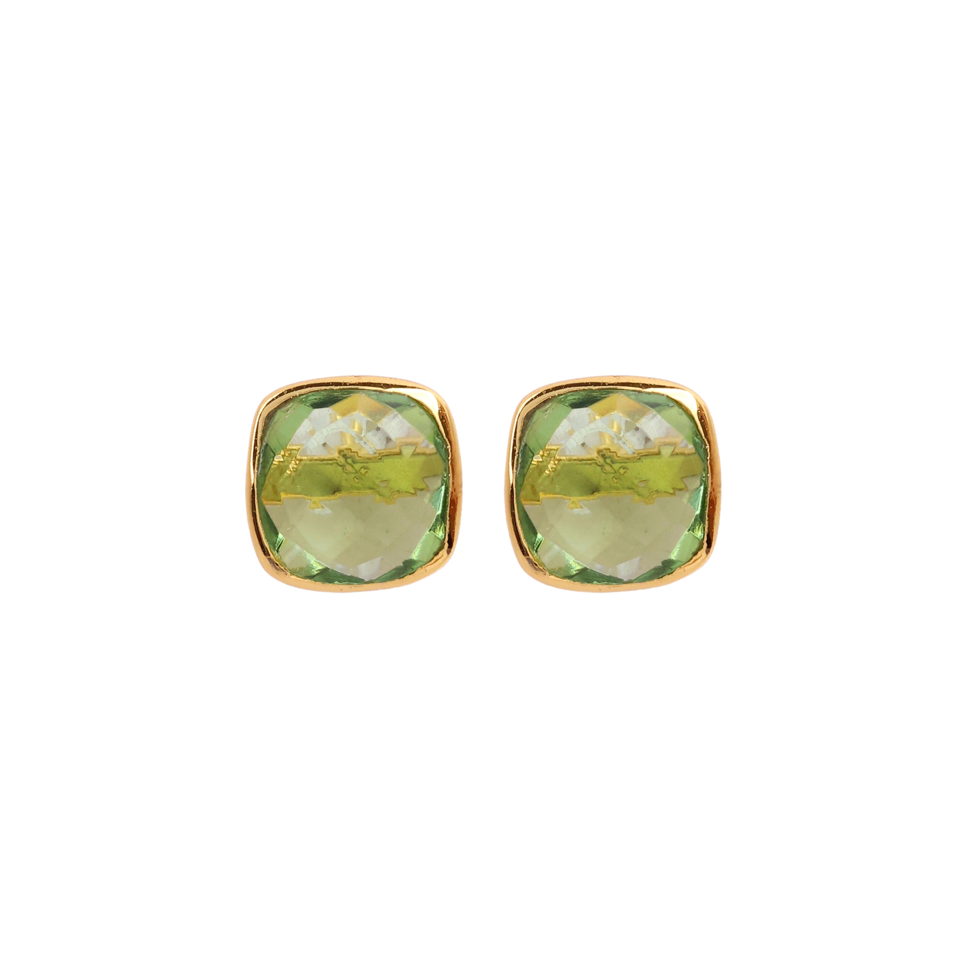 Square green gemstone stud earrings in gold setting