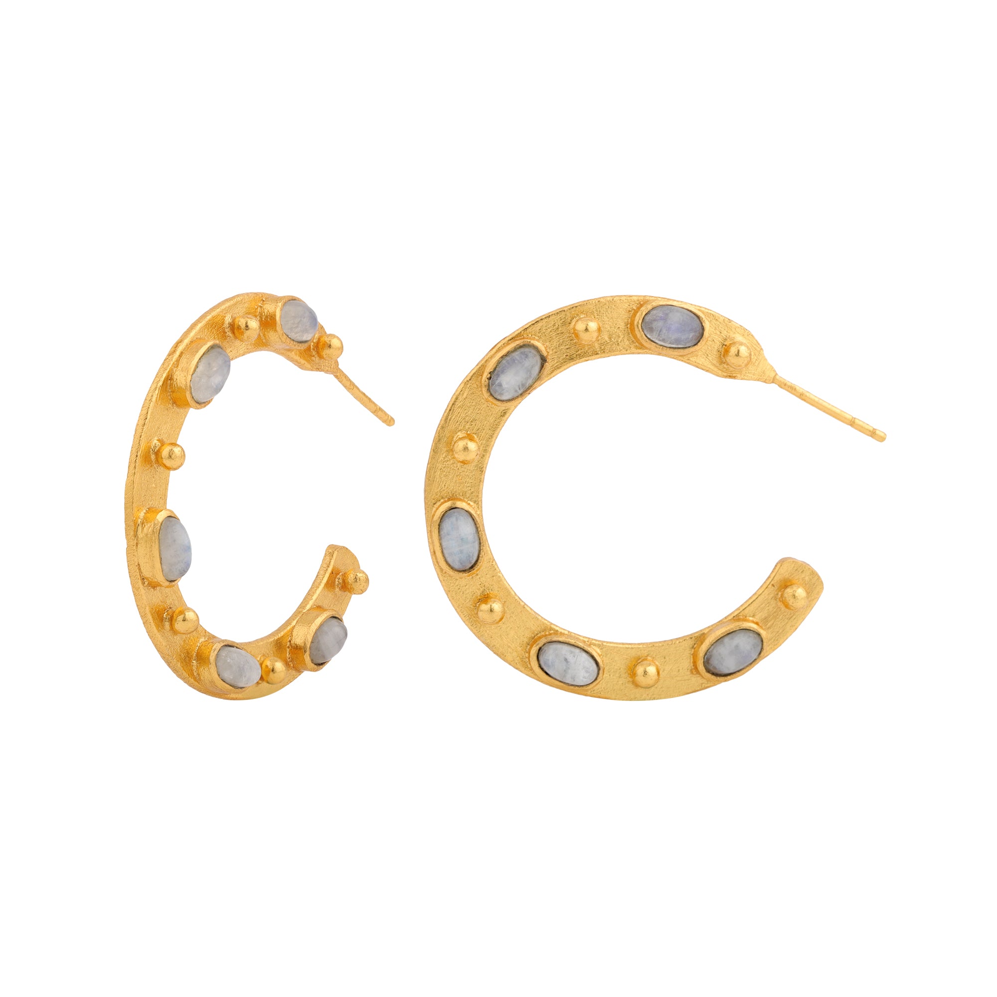 Flat Hoop Earrings in Rainbow Moonstone in Moonstone, gold plated, handcrafted gemstone earrings Singapore