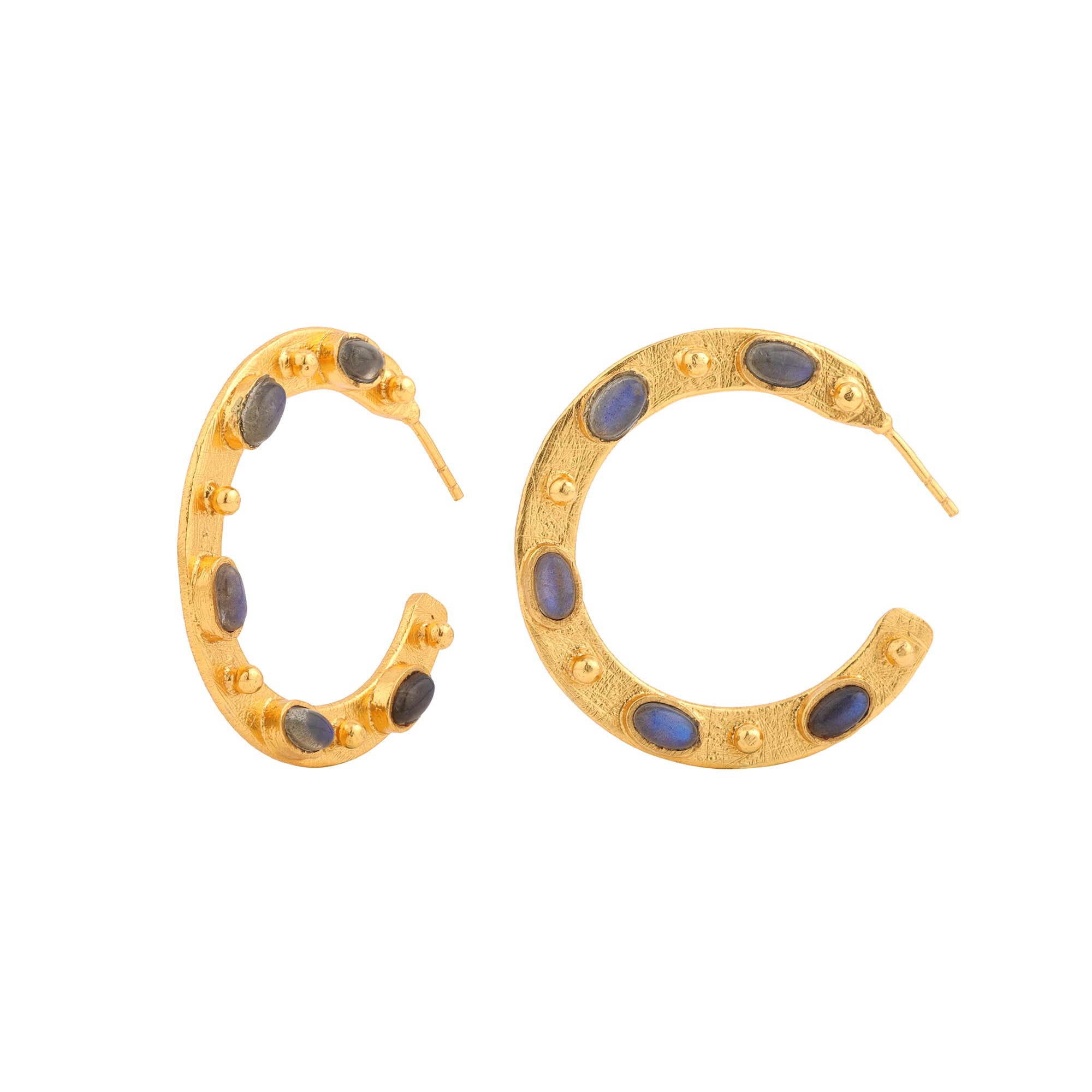Flat Hoop Earrings in Labradorite in Labradorite, gold plated, handcrafted gemstone earrings Singapore