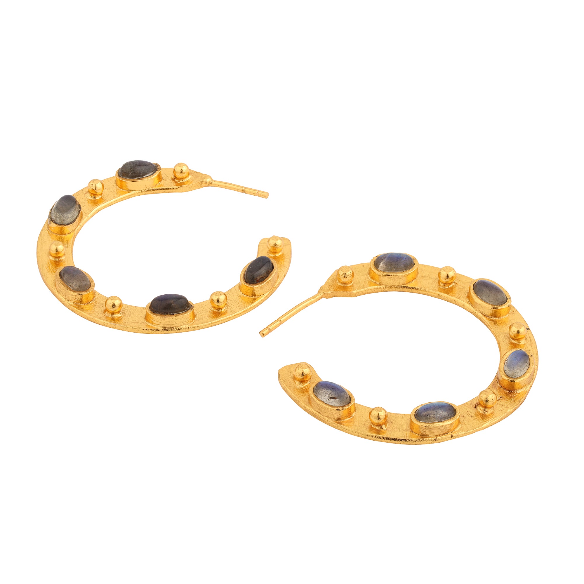 Flat Hoop Earrings in Labradorite in Labradorite, gold plated, handcrafted gemstone earrings Singapore
