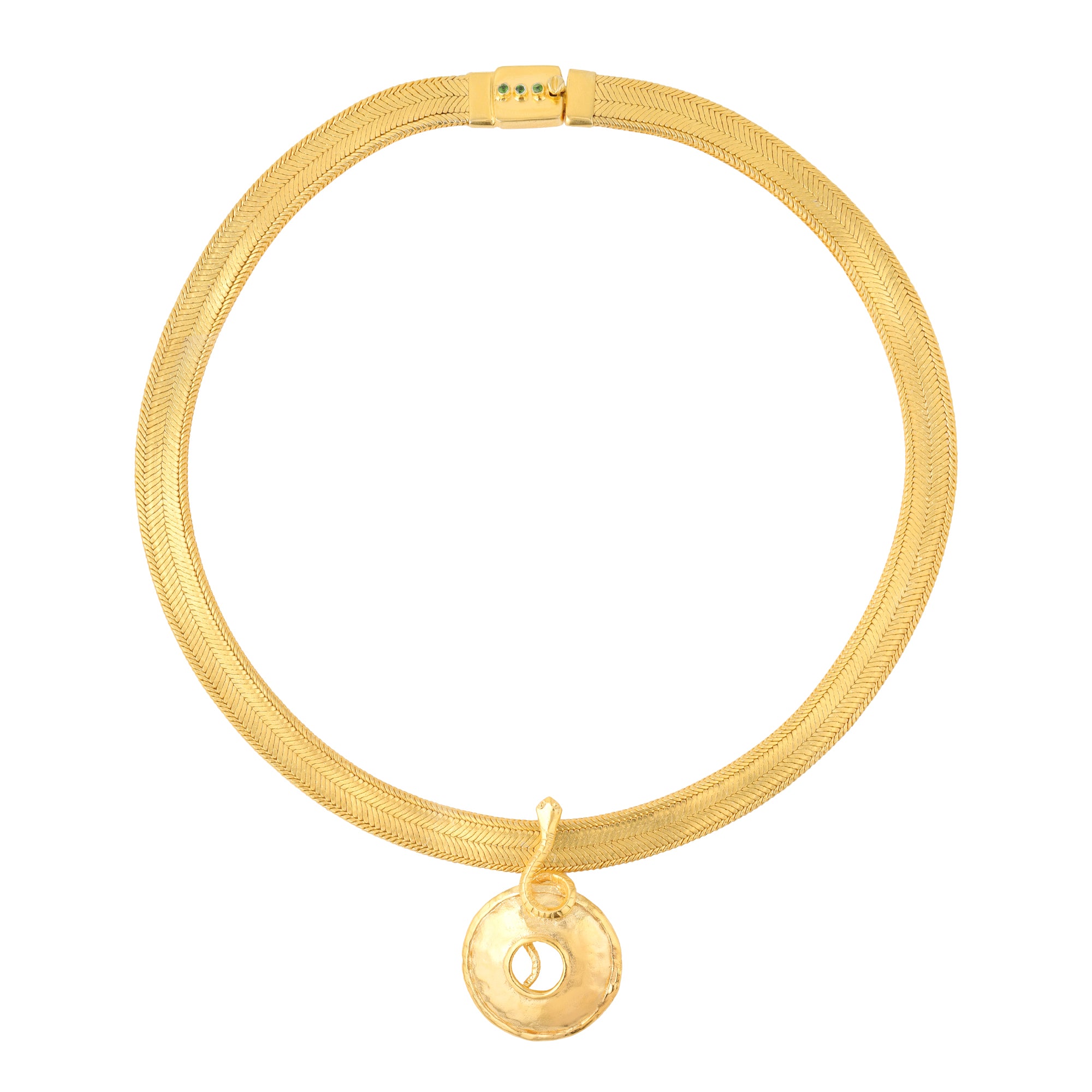 Serpentine Disc in Tsavorite, gold plated, handcrafted gemstone necklace Singapore