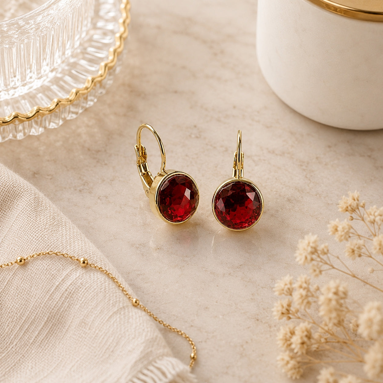 Simulated Garnet Round Earrings - Sample Sale