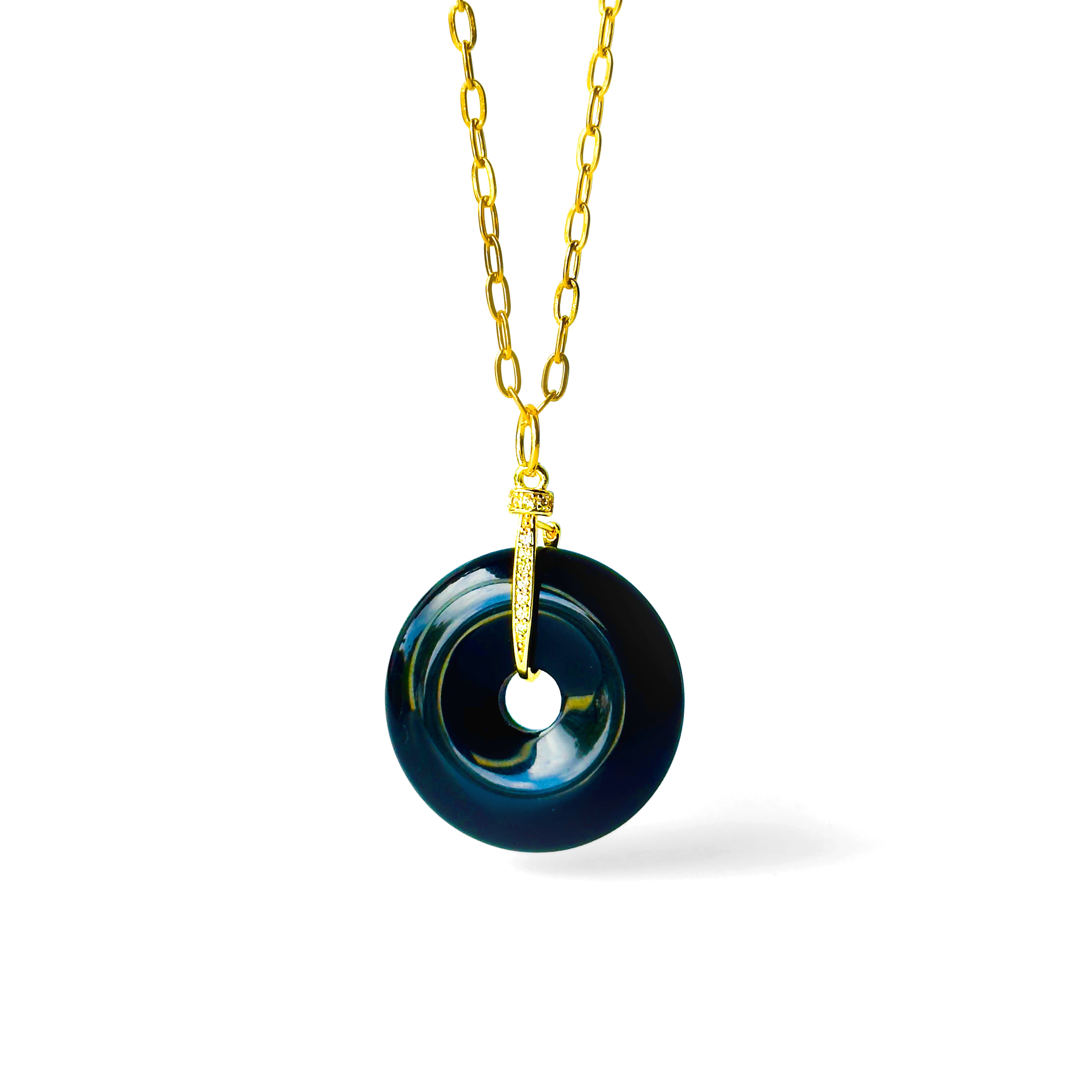 Modern Ming Black Onyx Pi Disc on Link Chain in Black Onyx, gold plated, handcrafted gemstone necklace Singapore