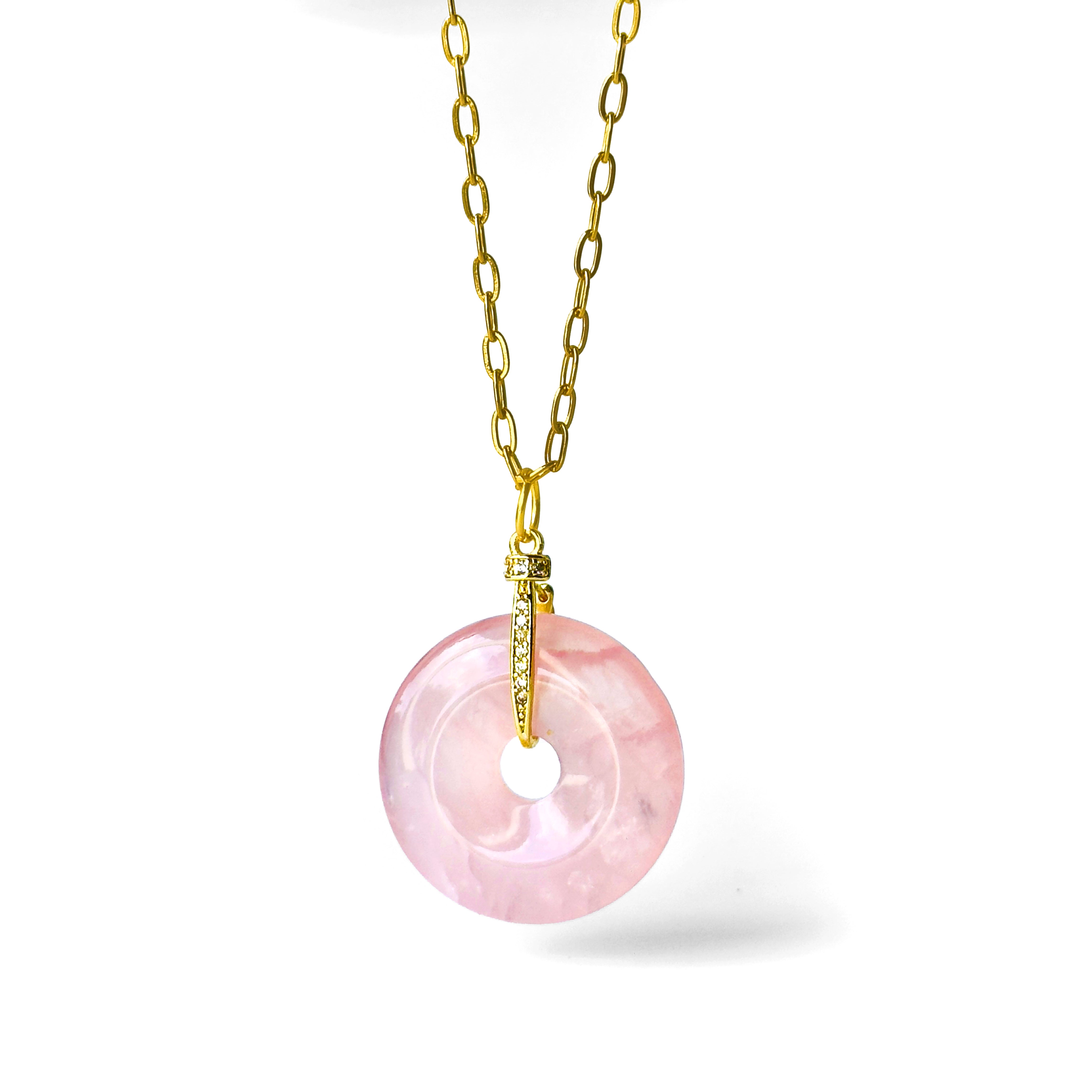 Modern Ming Rose Quartz Pi Disc on Link Chain in Rose Quartz, gold plated, handcrafted gemstone necklace Singapore