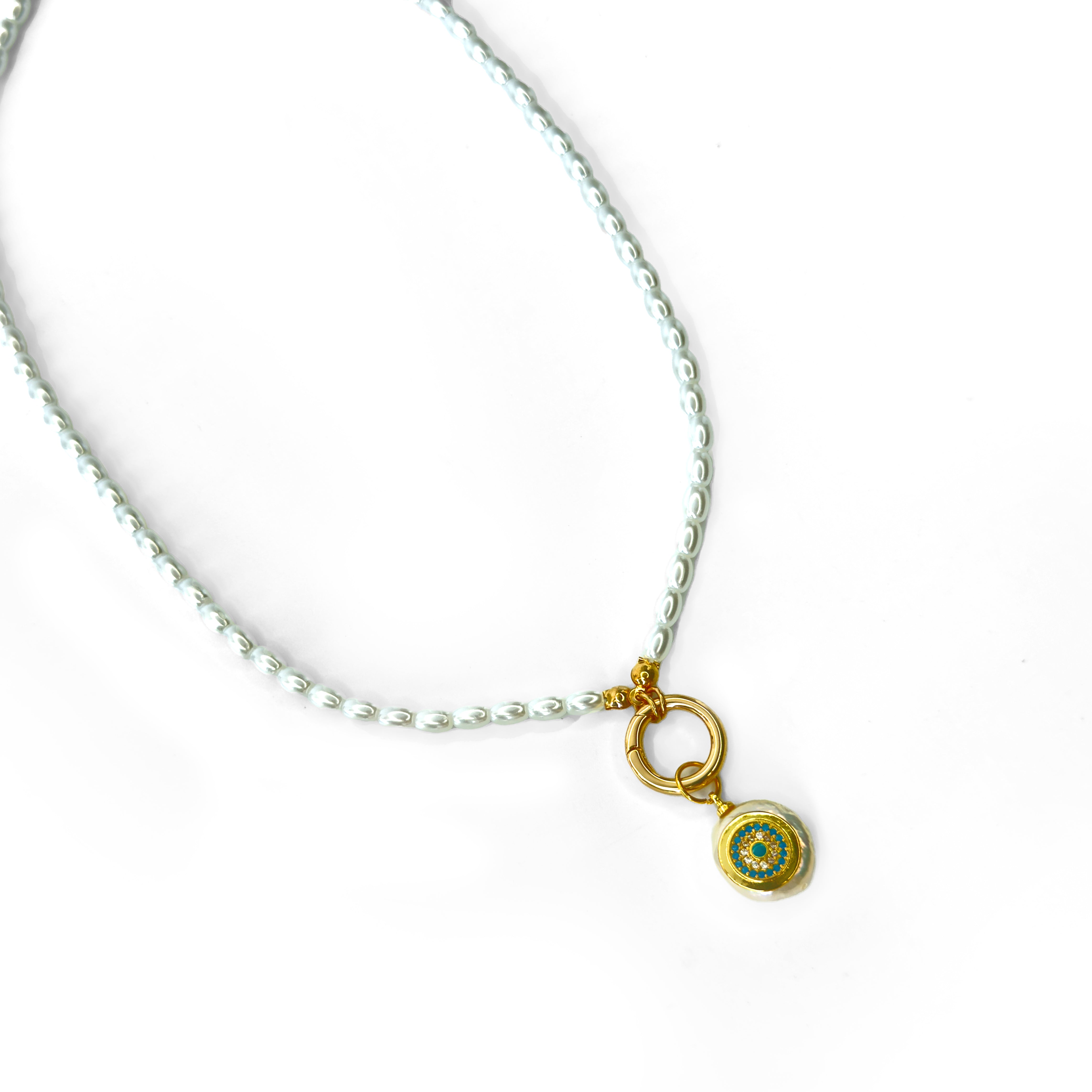 Pearl Necklace with Evil Eye Charm in Pearl, gold plated, handcrafted gemstone necklace Singapore