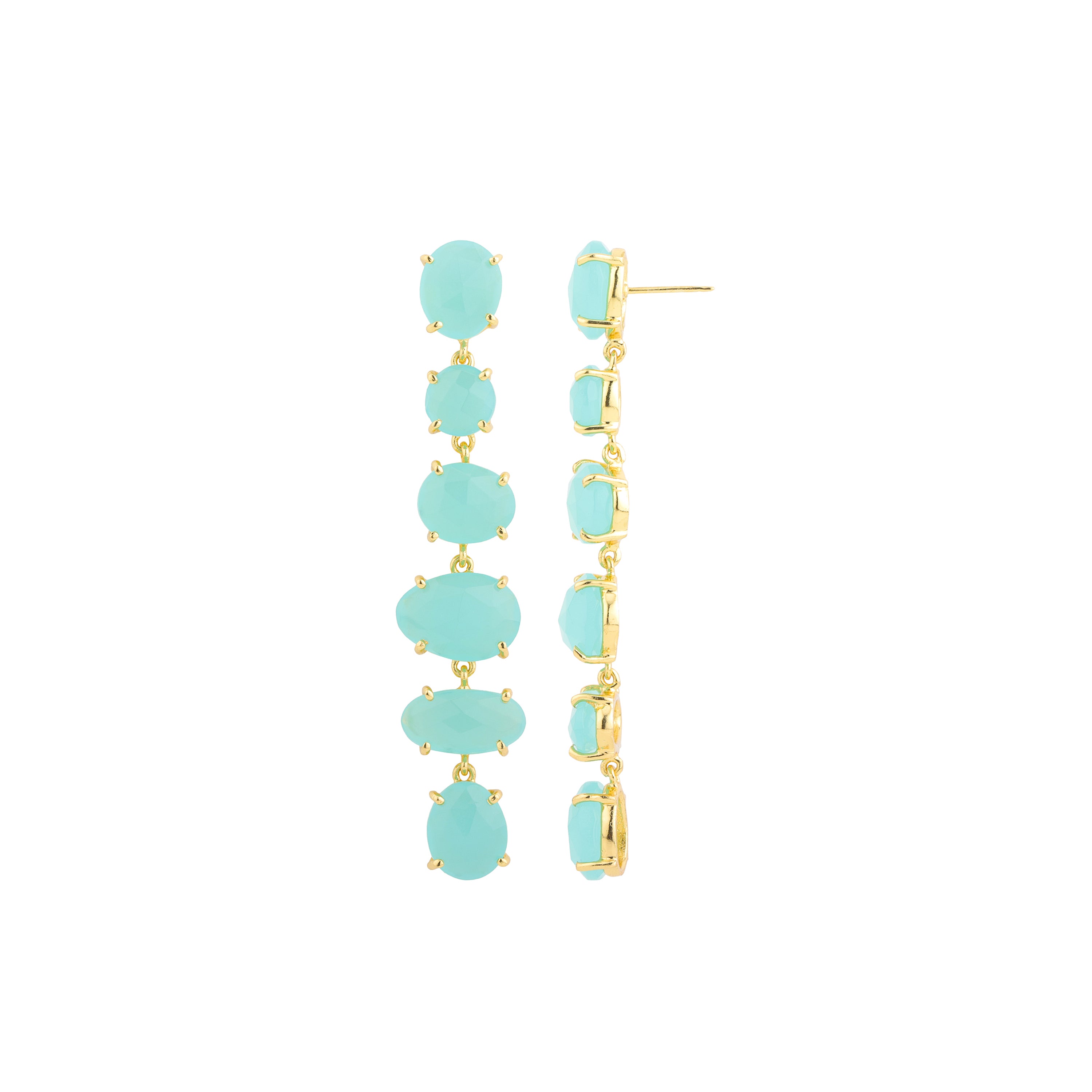 Aqua Chalcedony Chandelier Earrings in Aqua Chalcedony, gold plated, handcrafted gemstone earrings Singapore